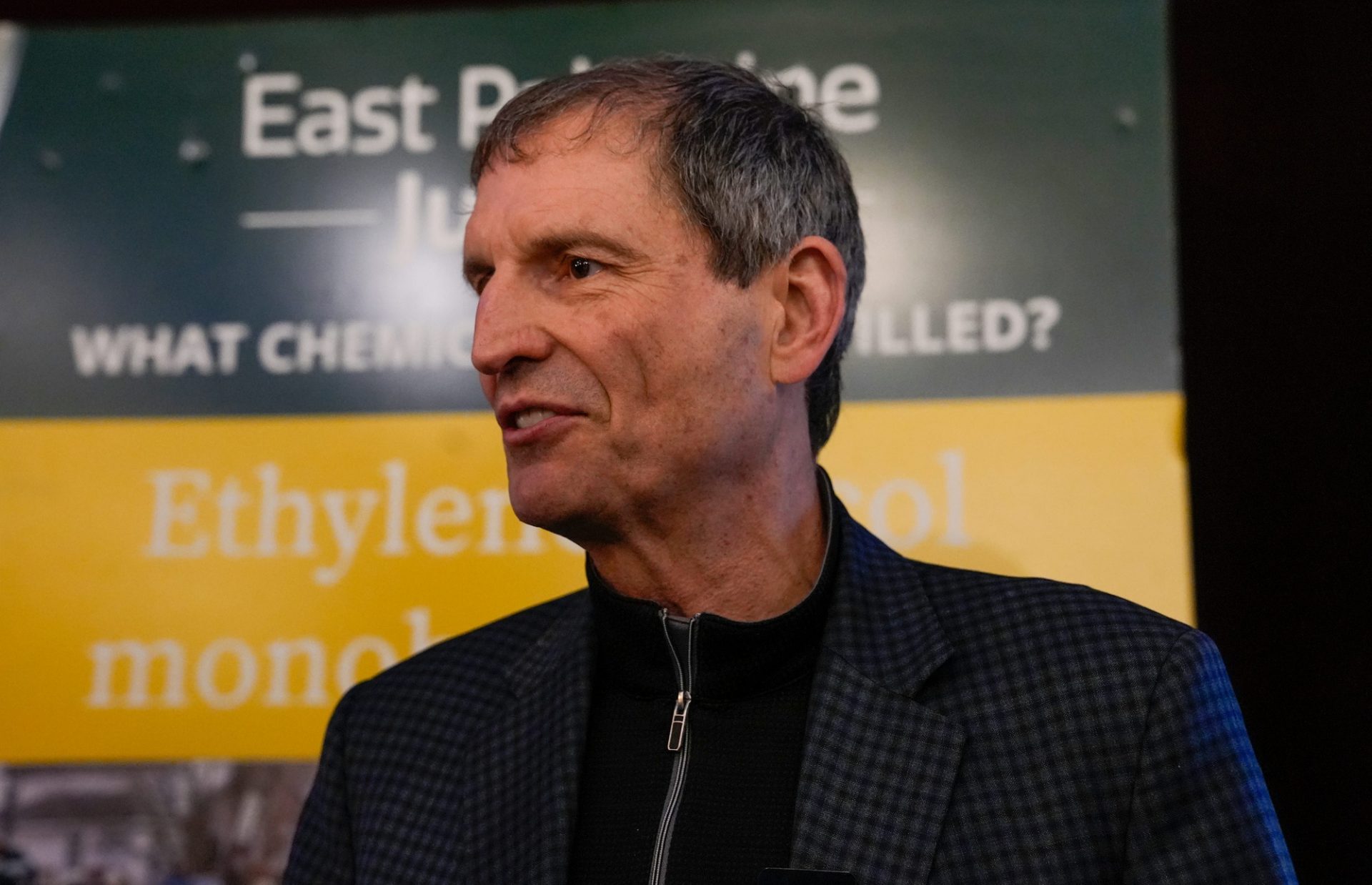 Former Browns quarterback Bernie Kosar, a Youngstown native, speaks at a town hall sponsored by East Palestine Justice on March 23, 2023, in Columbiana, Ohio.