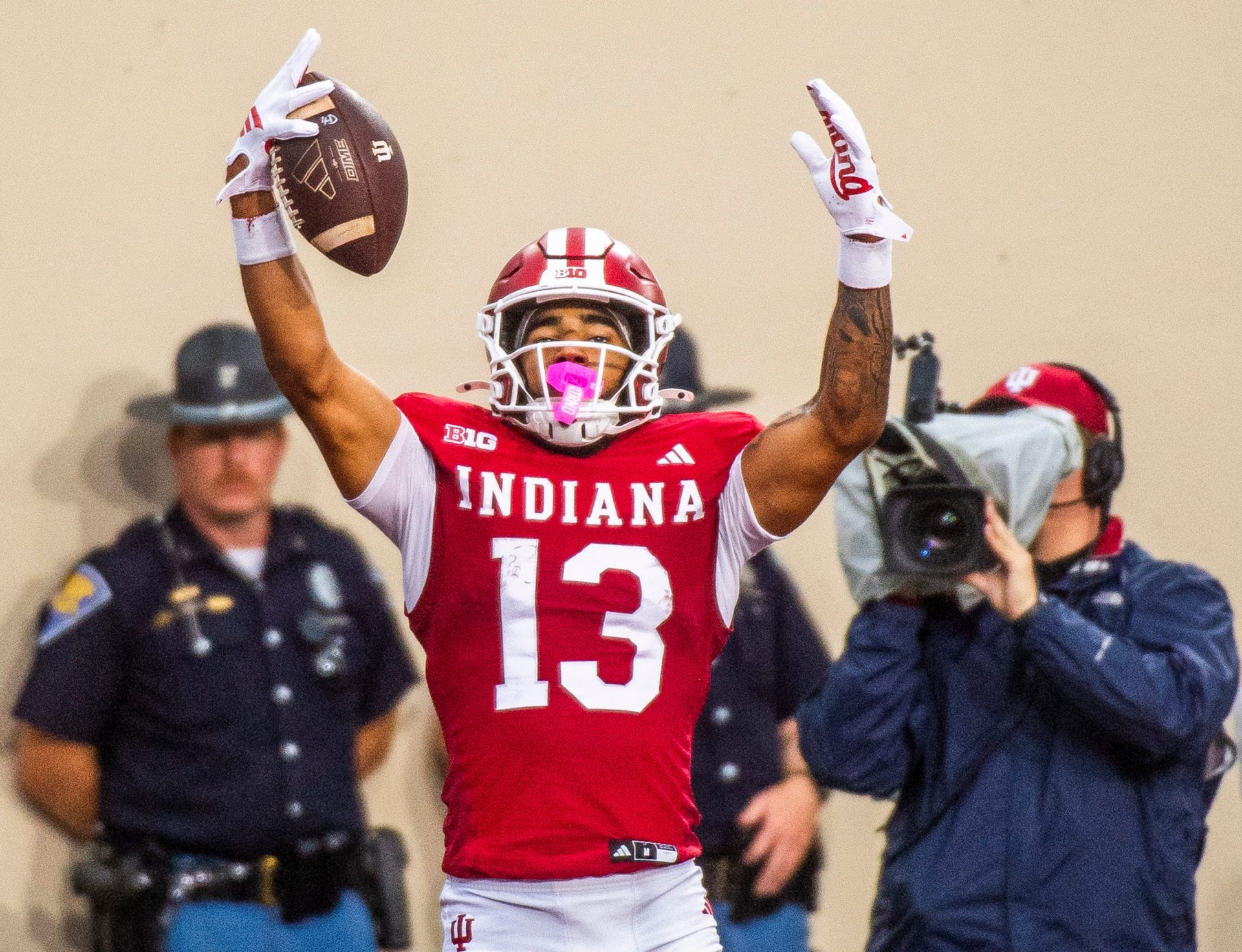 Indiana's Elijah Sarratt (13) celebrates a touchdown during the Indiana versus Michigan State football game at Memorial Stadium on Saturday, Oct. 18, 2025.