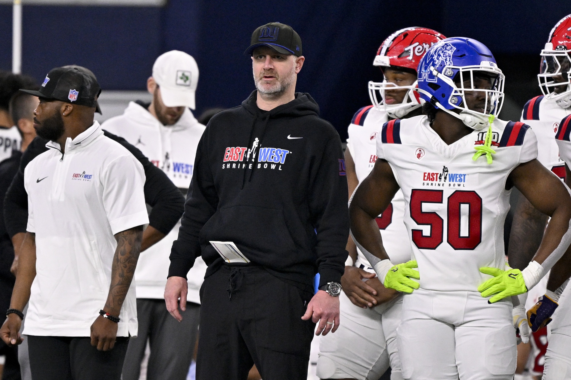 West head coach Shane Bowen of the New York Giants looks on from the sidelines during the first half against the East at AT&T Stadium.