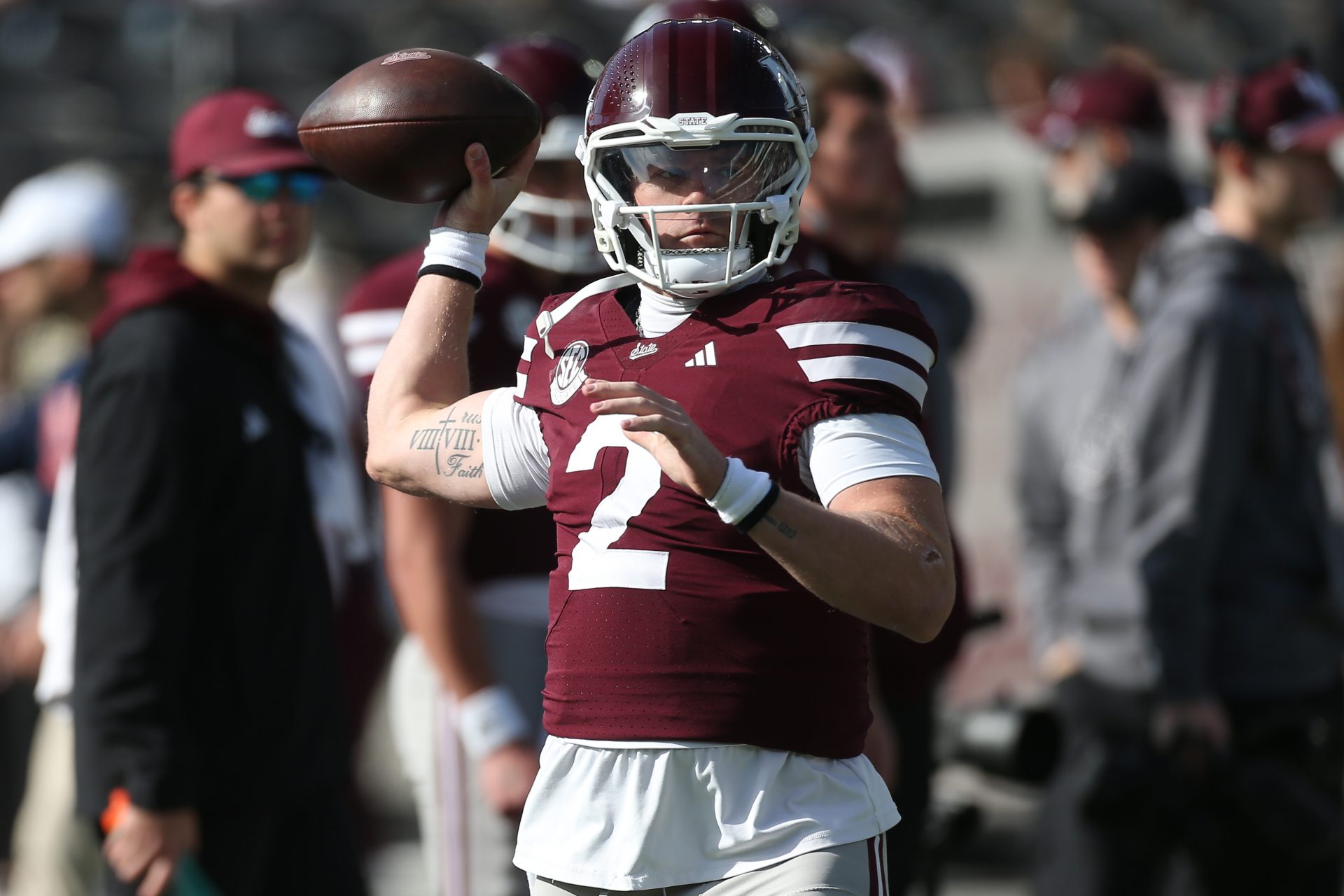 Mississippi State Bulldogs quarterback Blake Shapen (2) warms up before the game against the Mississippi Rebels at Davis Wade Stadium at Scott Field.
