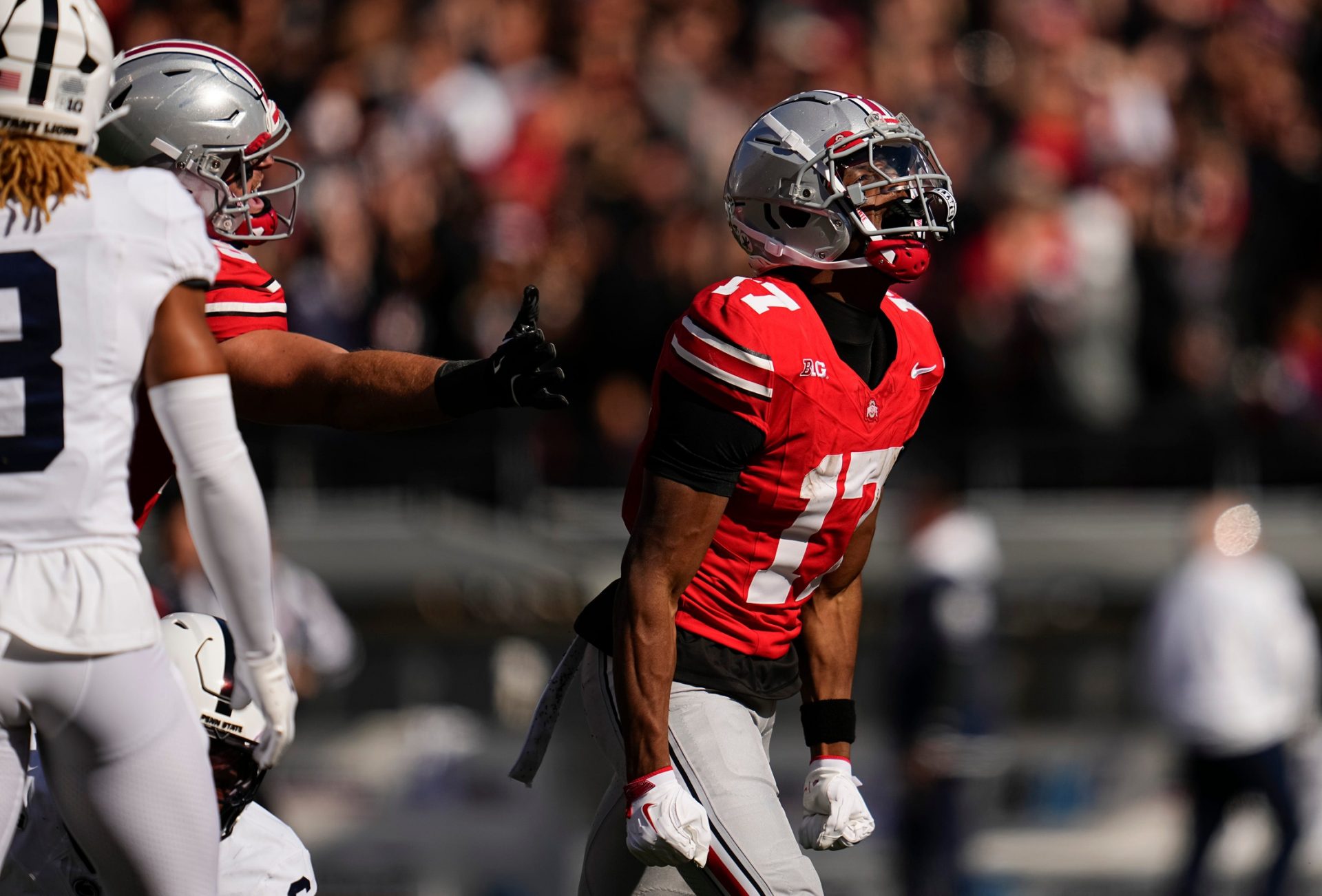 Ohio State Buckeyes wide receiver Carnell Tate (17) celebrates a catch during the NCAA football game against the Penn State Nittany Lions at Ohio Stadium in Columbus on Nov. 1, 2025.