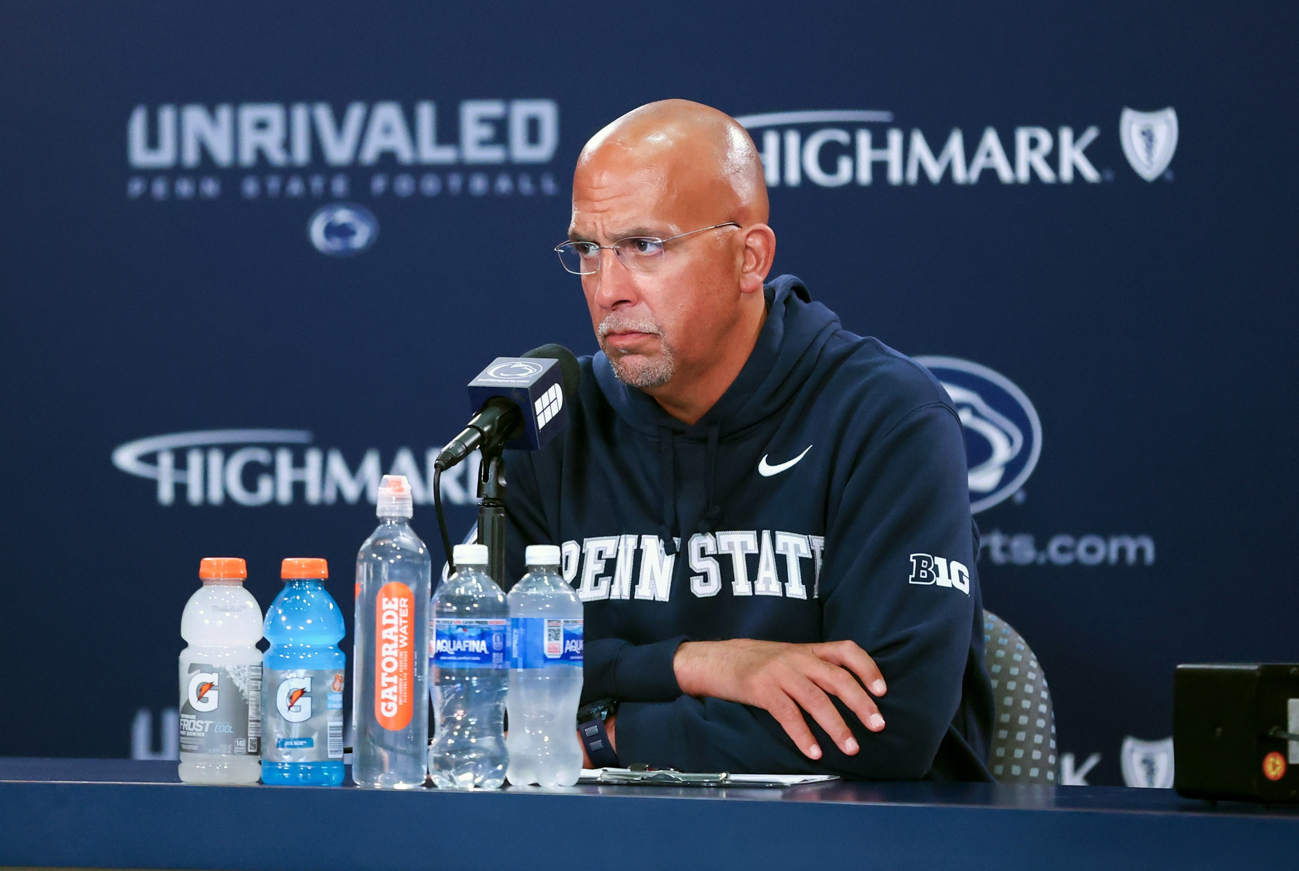 Penn State Nittany Lions head coach James Franklin answers questions from the media following the game against the Northwestern Wildcats at Beaver Stadium.