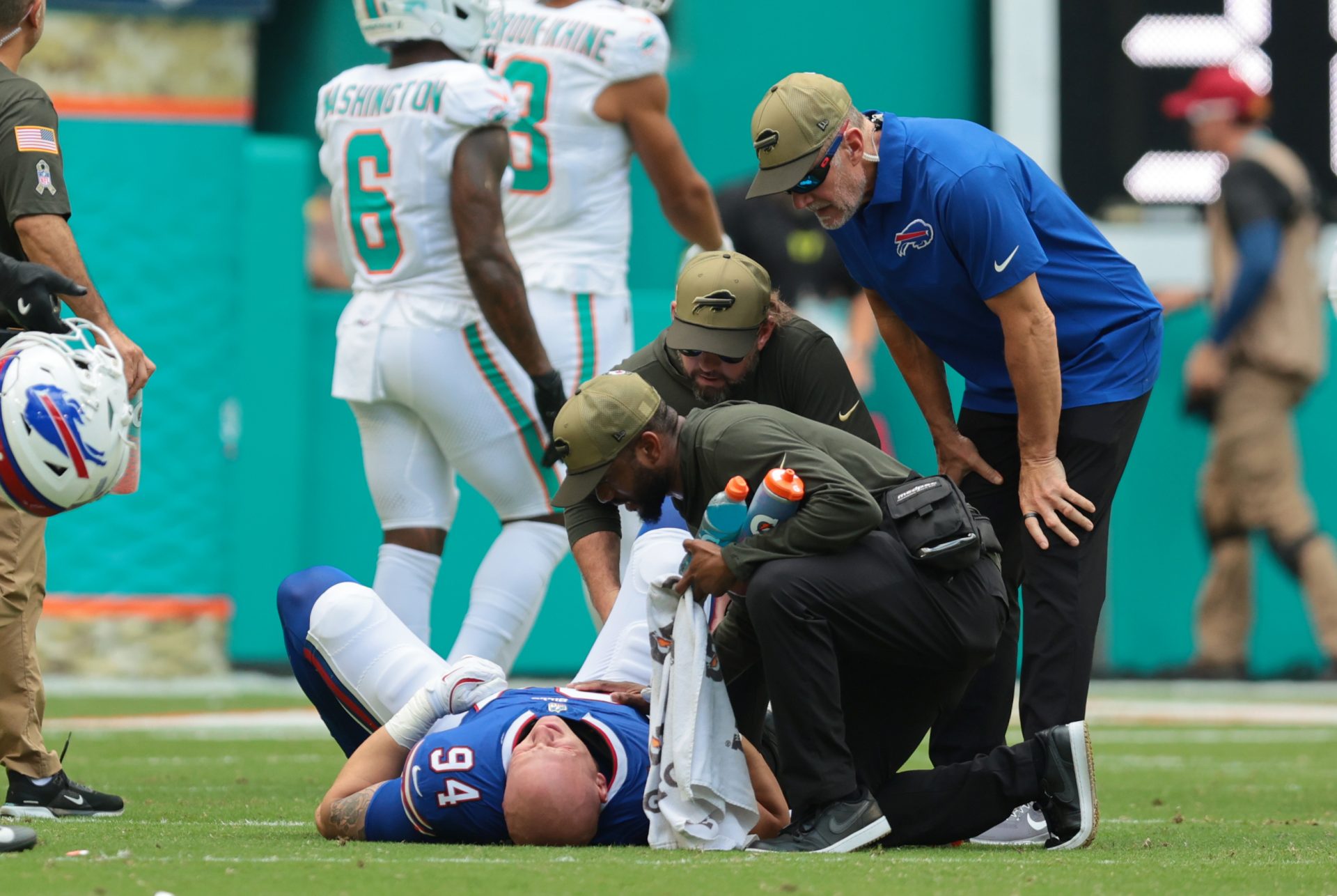 Buffalo Bills defensive end Landon Jackson (94) is tended to by trainers during the first half against the Miami Dolphins at Hard Rock Stadium.