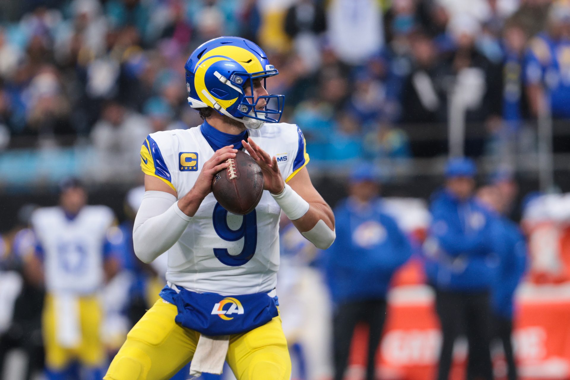 Los Angeles Rams quarterback Matthew Stafford (9) looks to pass during the second quarter against the Carolina Panthers at Bank of America Stadium.