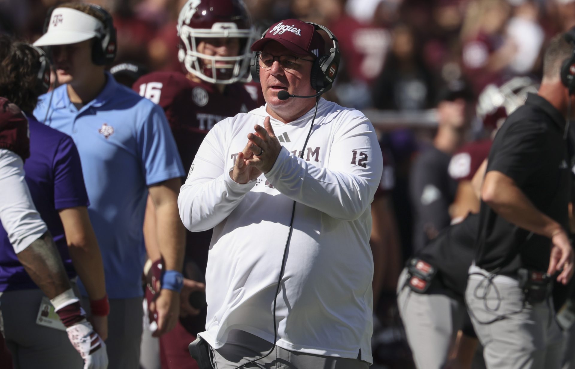 Texas A&M Aggies head coach Mike Elko reacts during the second quarter against the South Carolina Gamecocks at Kyle Field.