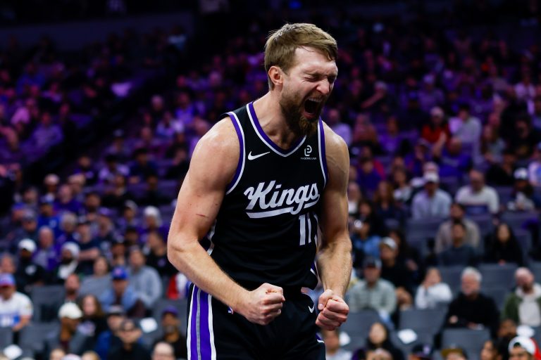 Sacramento Kings center Domantas Sabonis (11) reacts after a play during the fourth quarter against the Denver Nuggets at Golden 1 Center.