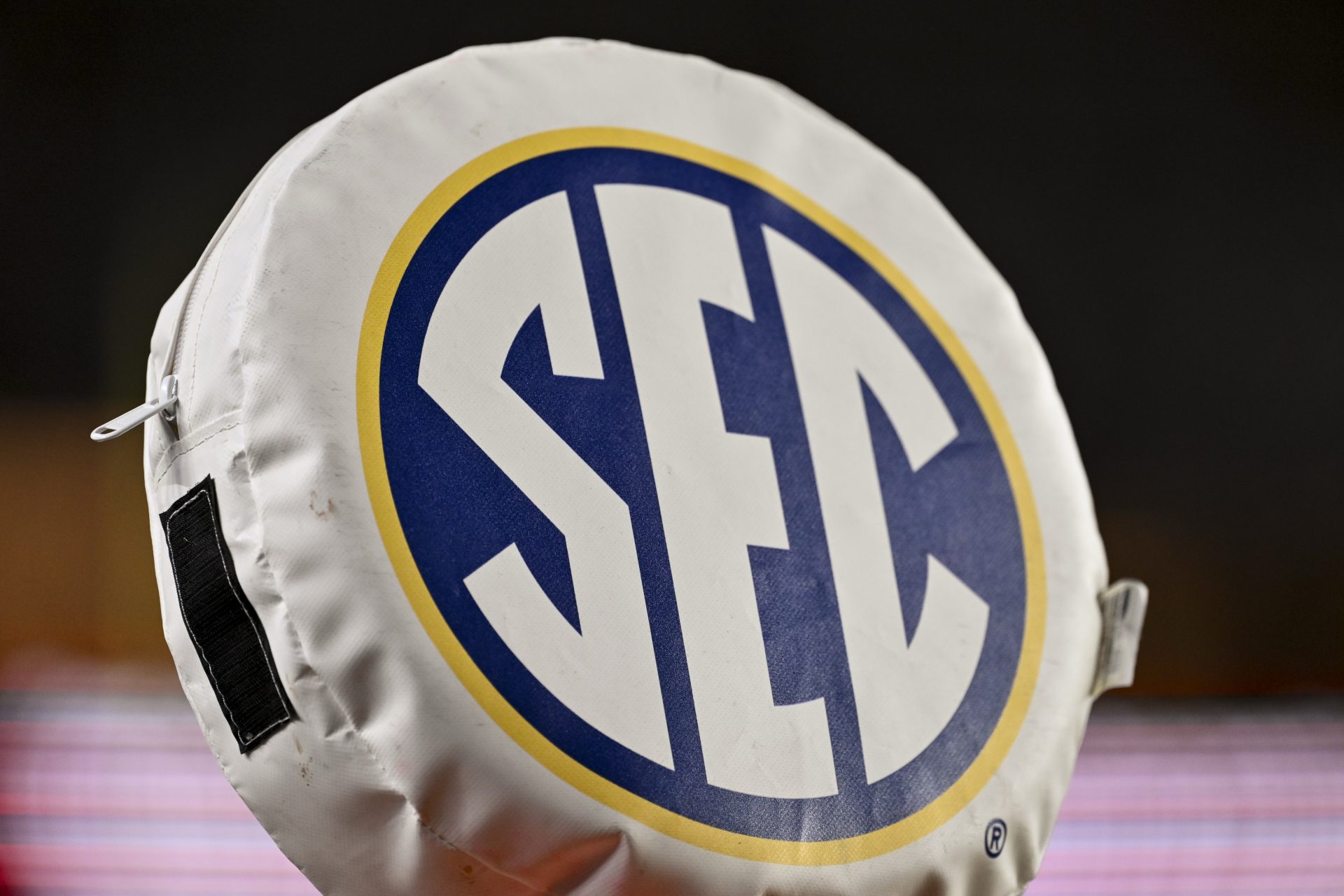 SEC logo seen on a chain marker during the third quarter of the game between the Texas A&M Aggies and the Florida Gators at Kyle Field.