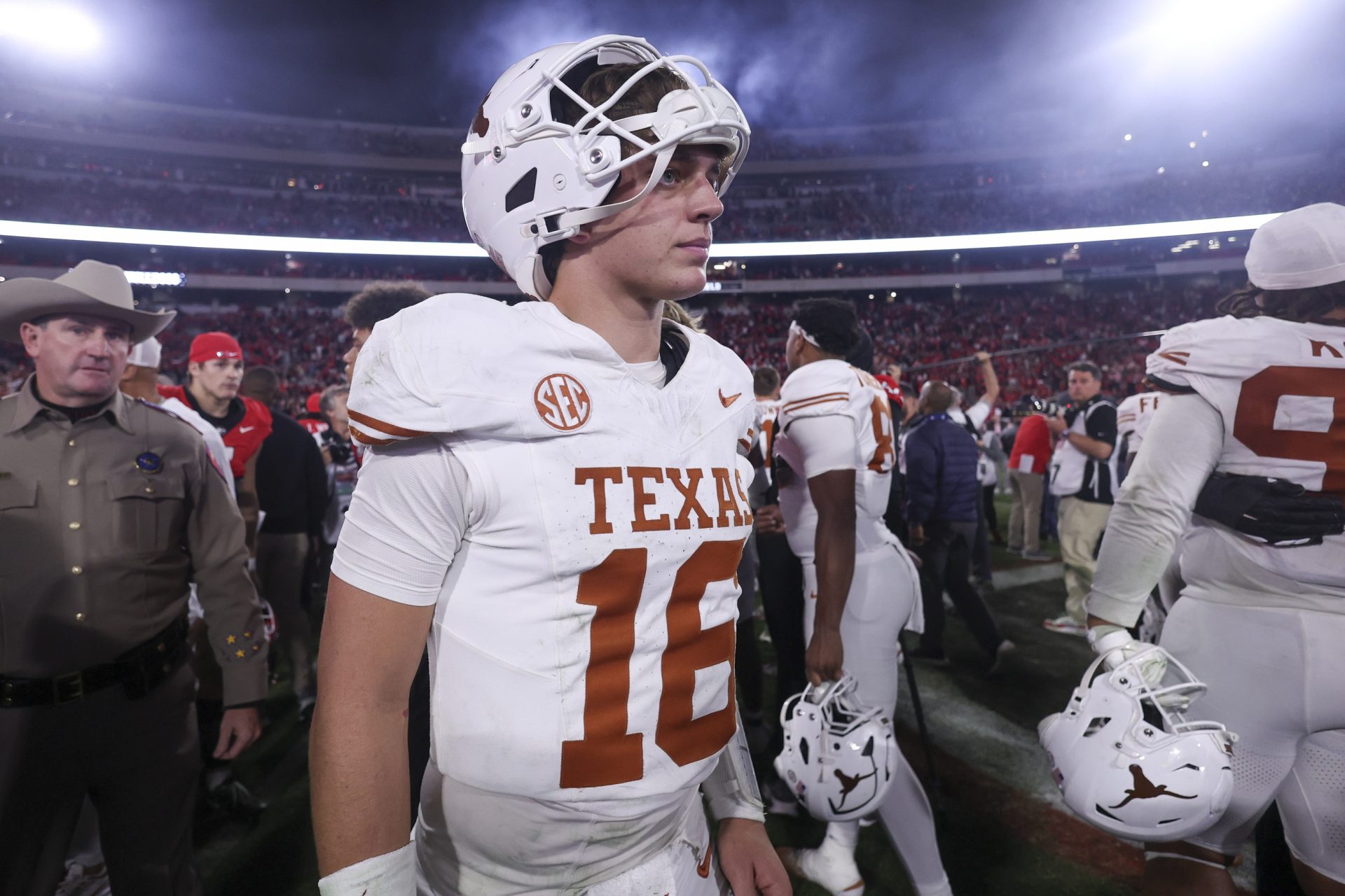 Texas Longhorns quarterback Arch Manning (16) looks on after a game against the Georgia Bulldogs at Sanford Stadium.