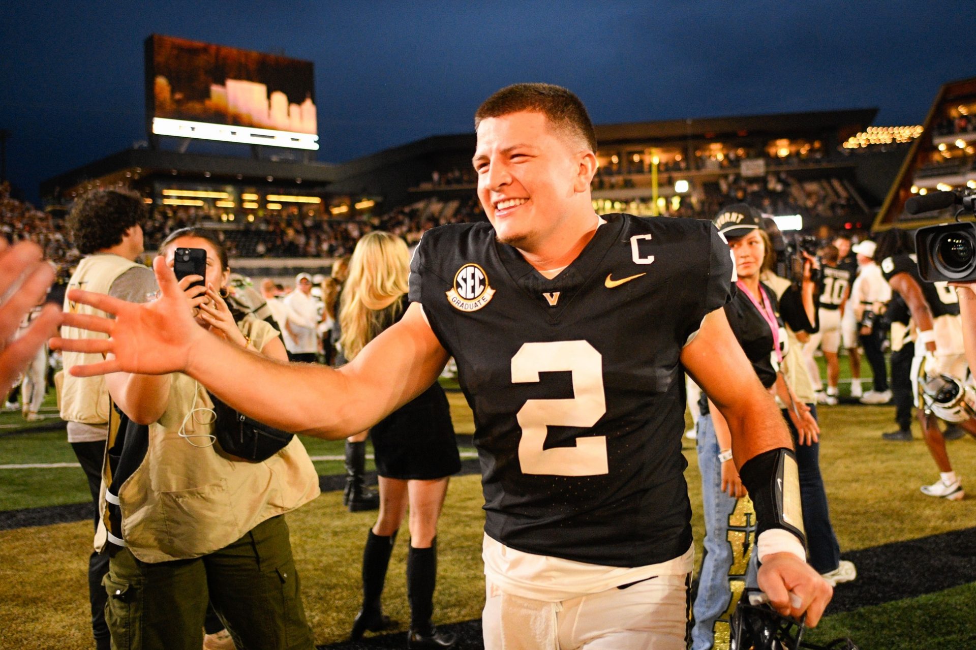 Vanderbilt Commodores quarterback Diego Pavia (2) celebrates the win against the Missouri Tigers during the second half at FirstBank Stadium.
