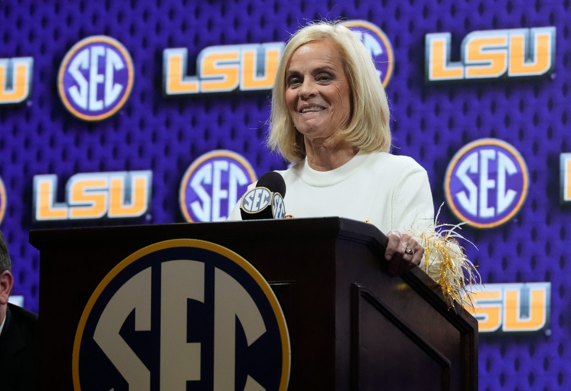 LSU coach Kim Mulkey speaks at SEC Media Day in the Grand Bohemian Hotel.