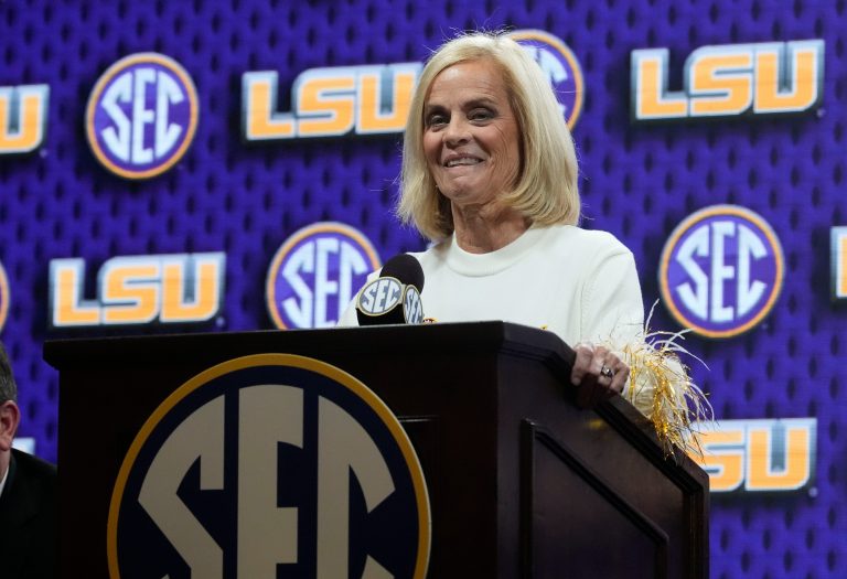 LSU coach Kim Mulkey speaks at SEC Media Day in the Grand Bohemian Hotel.