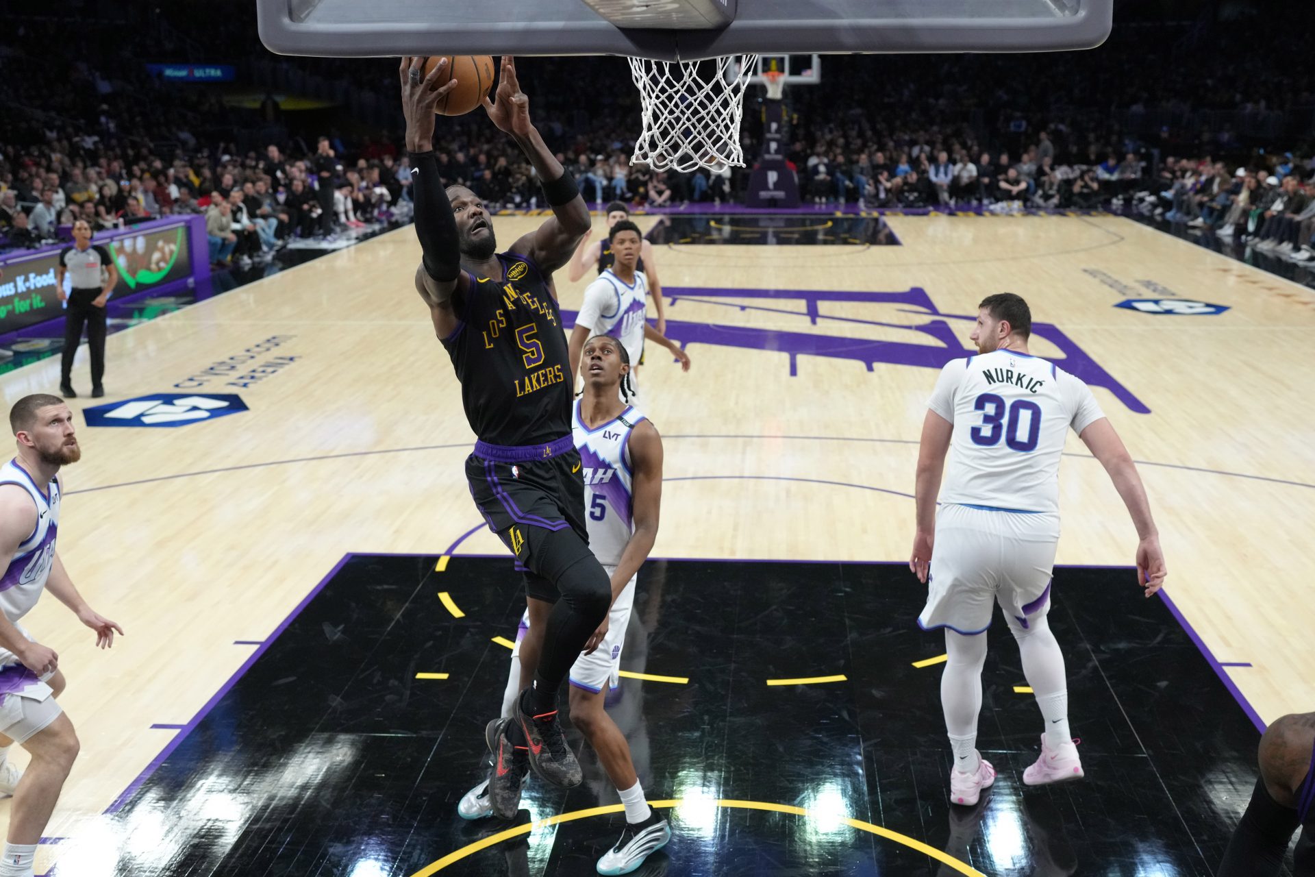 Los Angeles Lakers center Deandre Ayton (5) shoots the ball against the Utah Jazz in the fourth quarter at Crypto.com Arena.