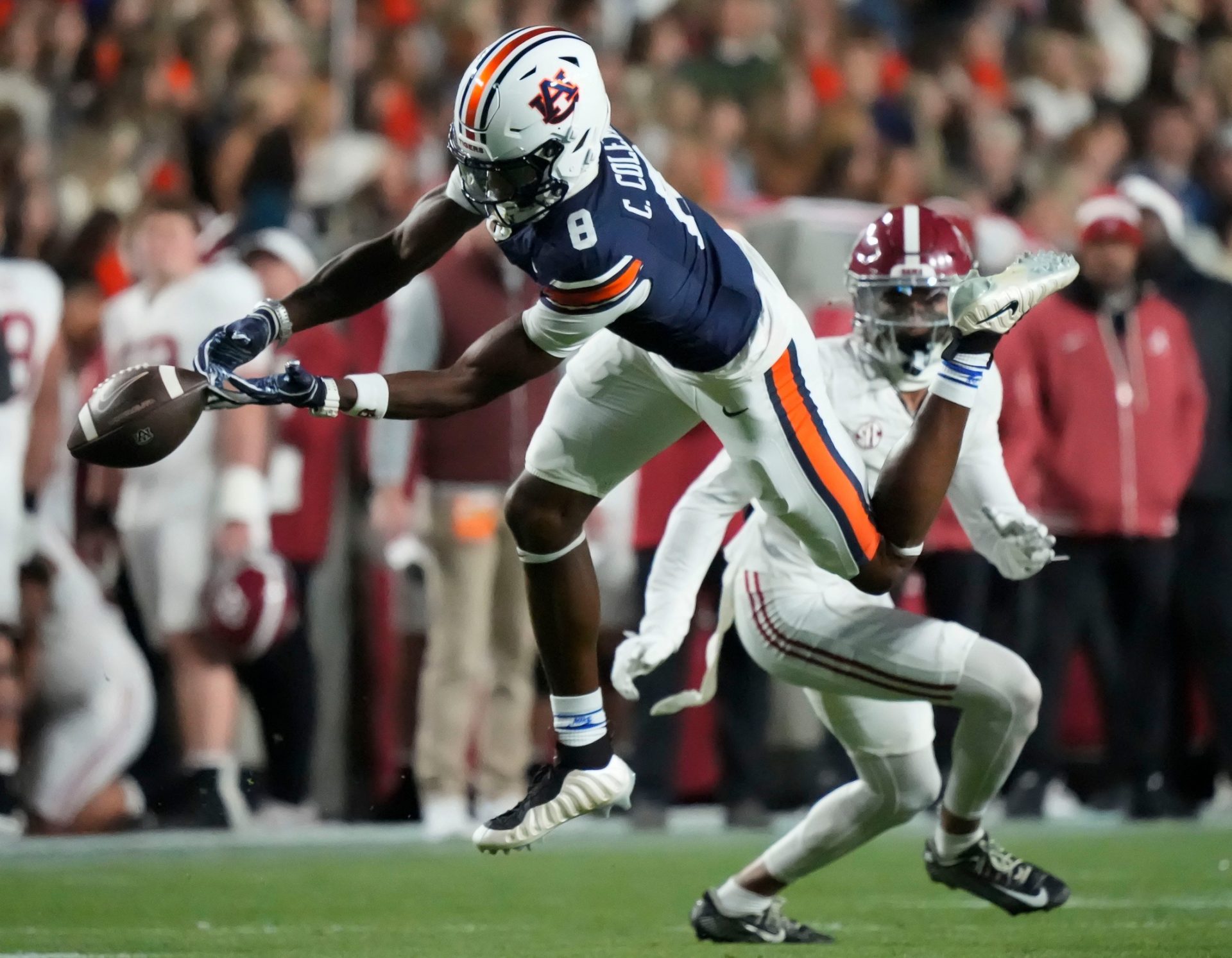 A pass intended for Auburn wide receiver Cam Coleman (8) falls incomplete during the game with Alabama at Jordan-Hare Stadium.