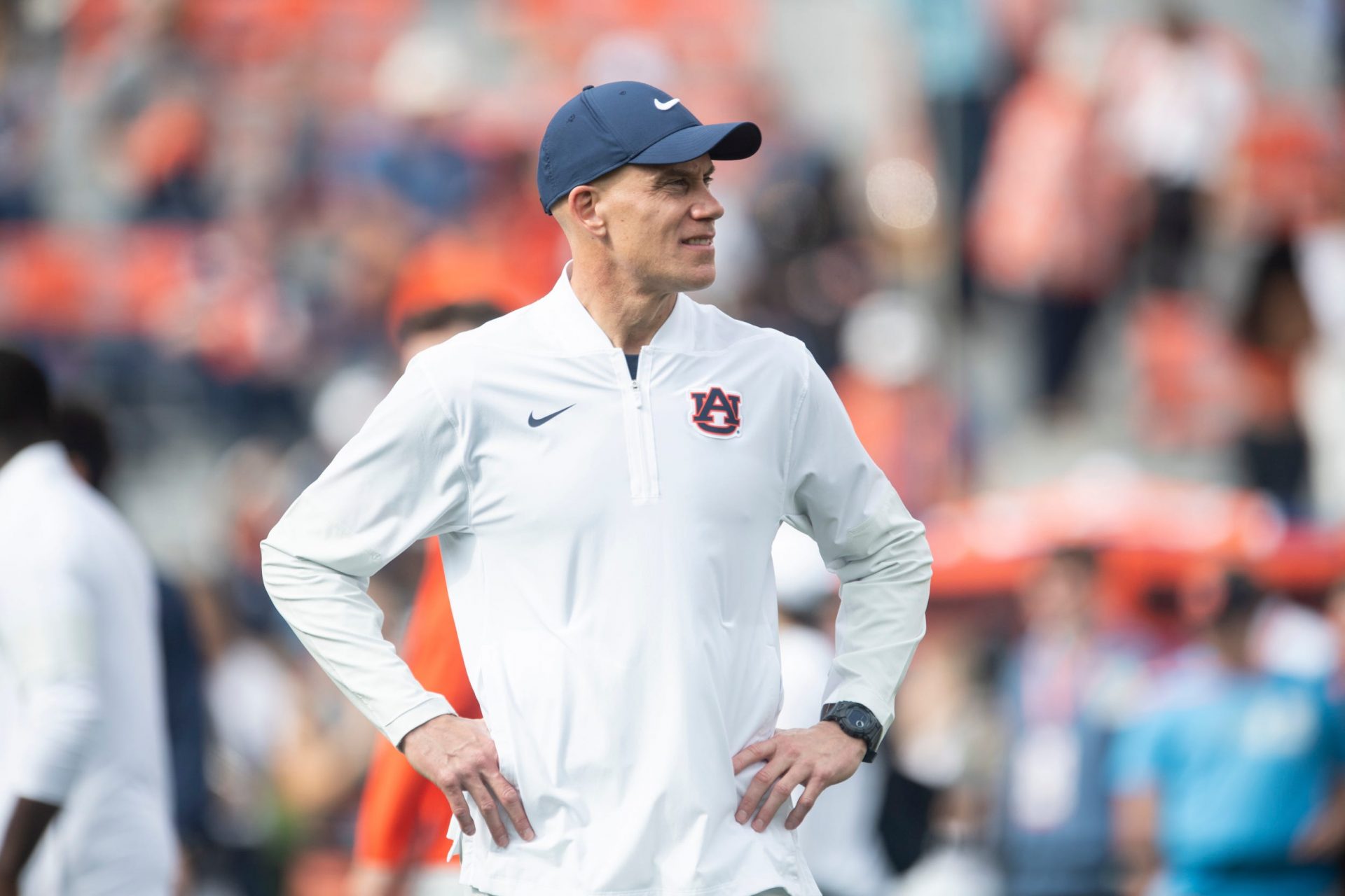 Auburn Tigers interim head coach DJ Durkin watches on during warm ups before Auburn Tigers take on Mercer Bears at Jordan-Hare Stadium in Auburn, Ala. on Saturday, Nov. 22, 2025.
