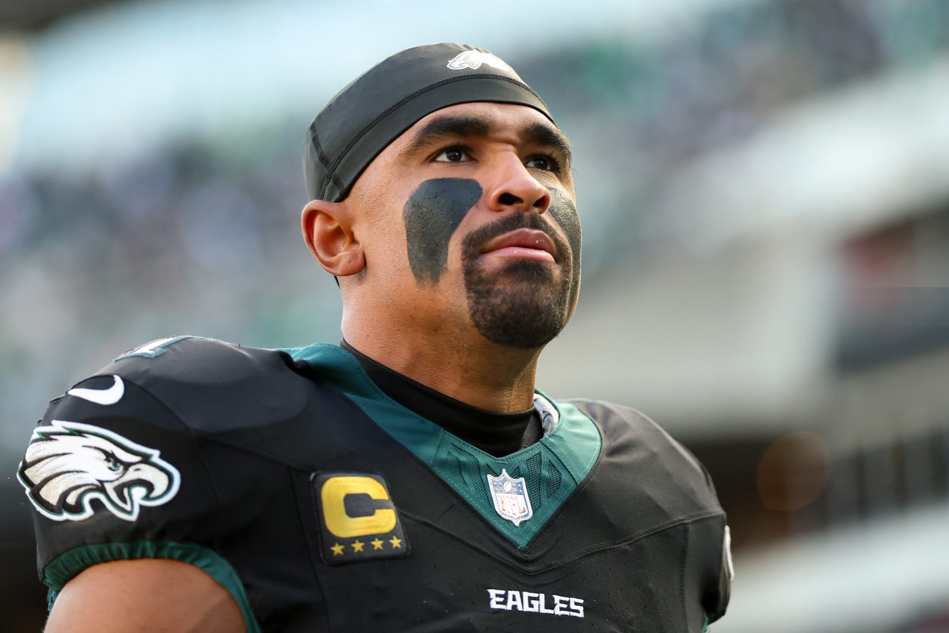 Philadelphia Eagles quarterback Jalen Hurts (1) looks on prior to the game against the Chicago Bears at Lincoln Financial Field.
