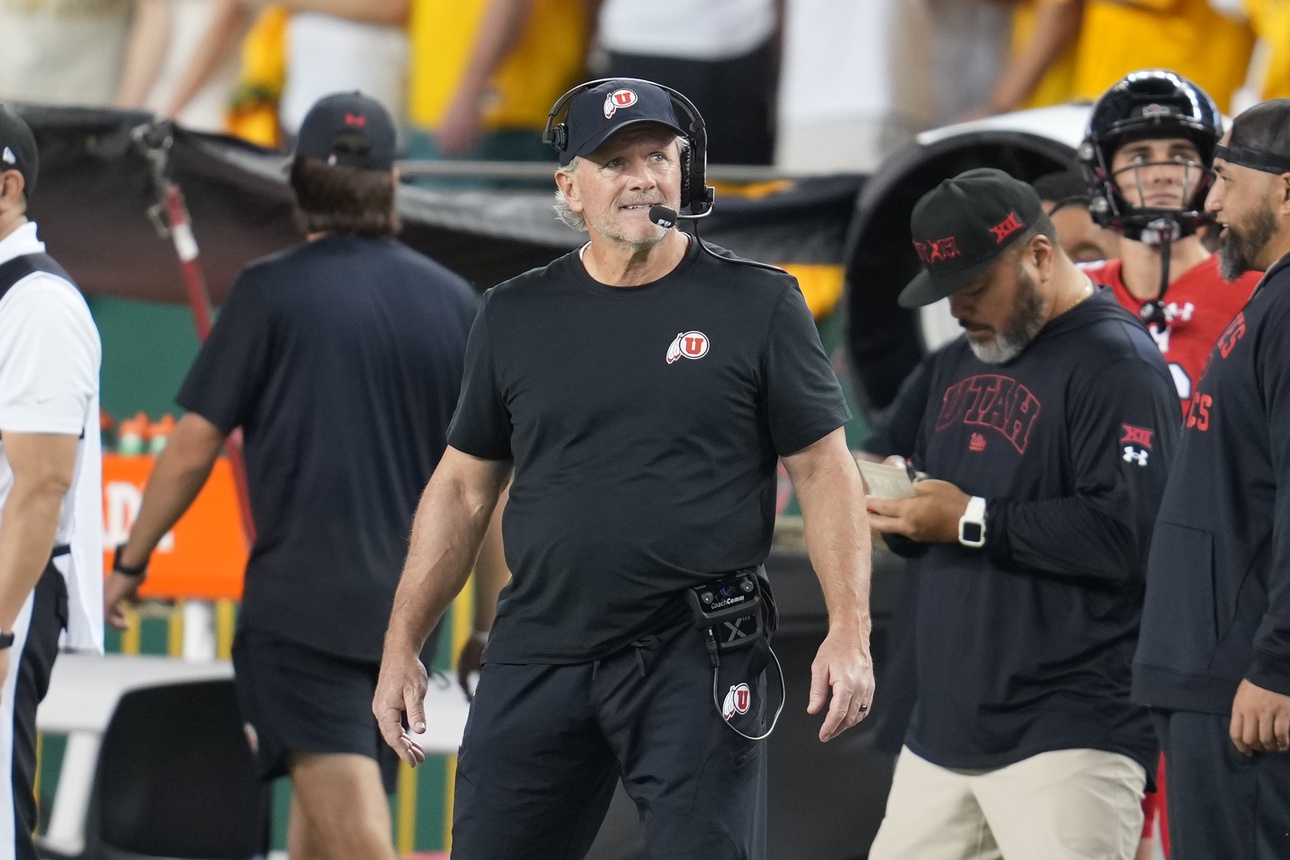 Utah Utes head coach Kyle Whittingham looks on from the sidelines during the first half against the Baylor Bears at McLane Stadium.