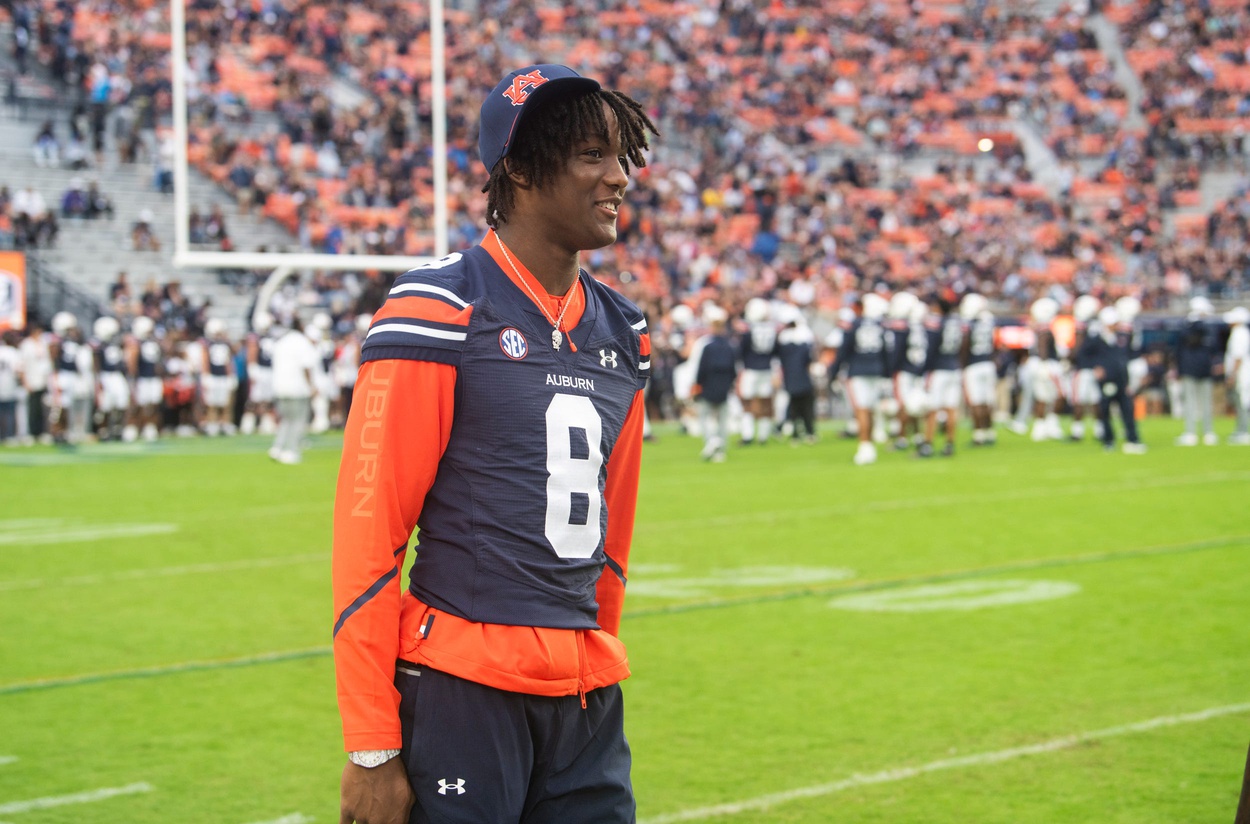 Auburn Tigers wide receiver Cam Coleman (8) during warm ups before Auburn Tigers take on New Mexico Lobos at Jordan-Hare Stadium in Auburn, Ala., on Saturday, Sept. 14, 2024.