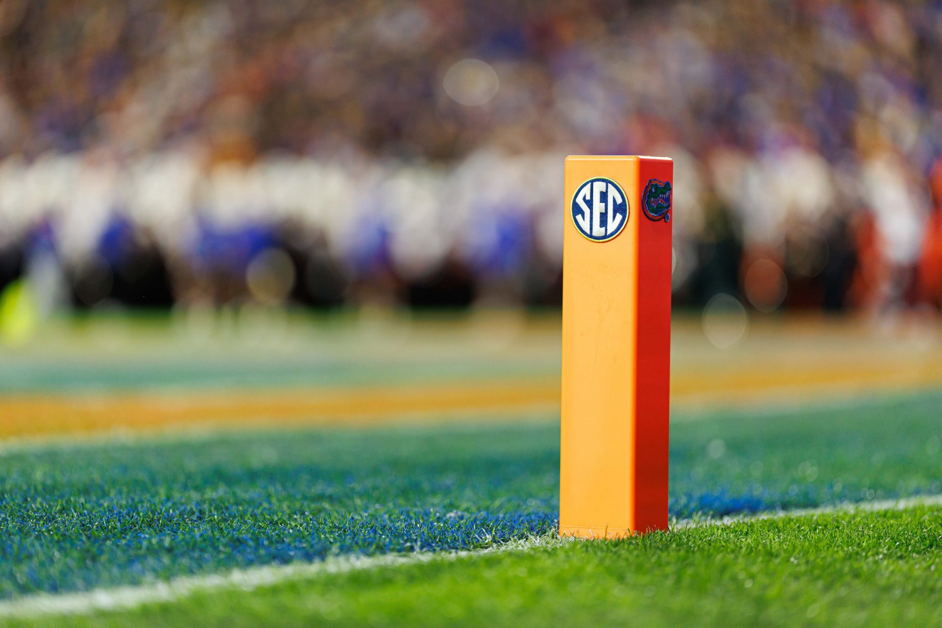 A pylon sits on the field with the SEC and Florida Gators logos on it against the Florida State Seminoles during the first half at Ben Hill Griffin Stadium.