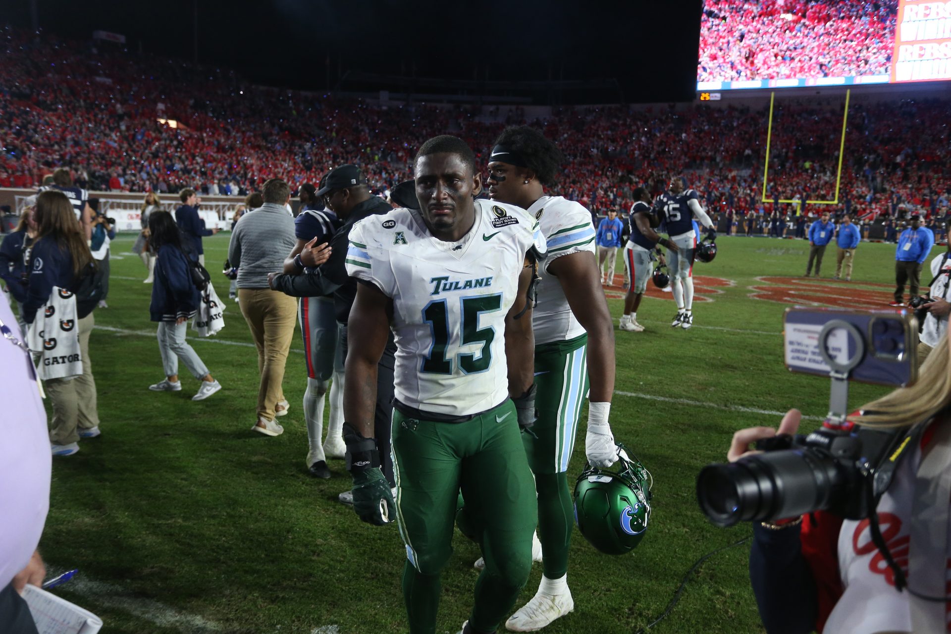 Tulane Green Wave wide receiver Zycarl Lewis Jr. (15) leaves the field following a game against the Mississippi Rebels at Vaught-Hemingway Stadium.