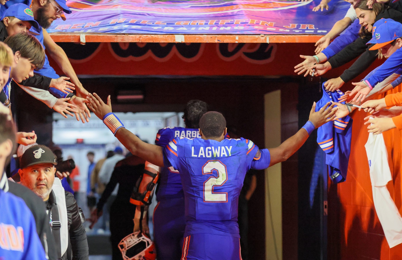 Florida quarterback DJ Lagway (2) leaves the field after beating Florida State 40-21 during an NCAA football game at Steve Spurrier Field at Ben Hill Griffin Stadium in Gainesville, FL on Saturday, November 29, Florida beat Florida State 40-21.2025. [Alan Youngblood/Gainesville Sun]