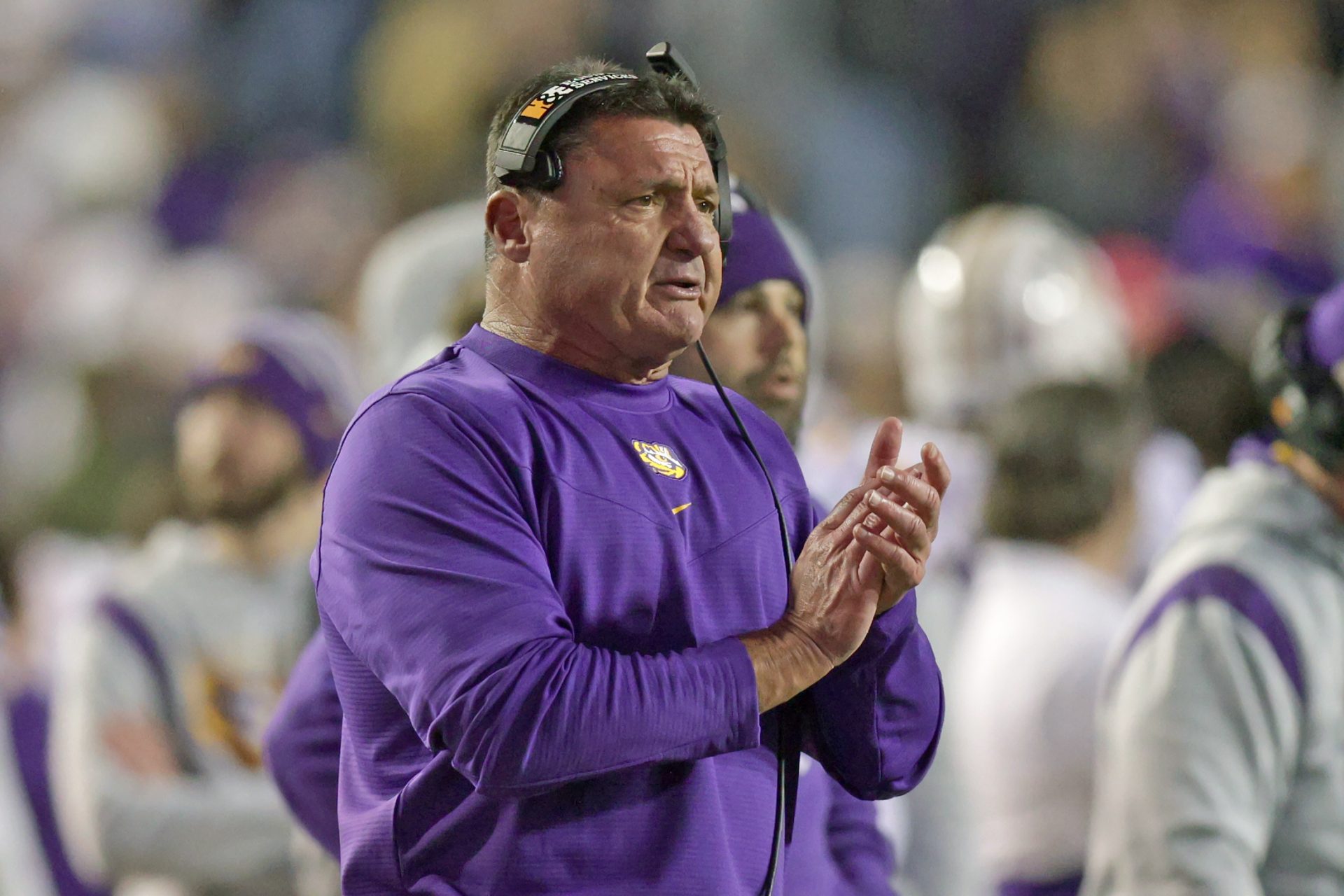 LSU Tigers head coach Ed Orgeron looks on during the second half against the Texas A&M Aggies at Tiger Stadium.