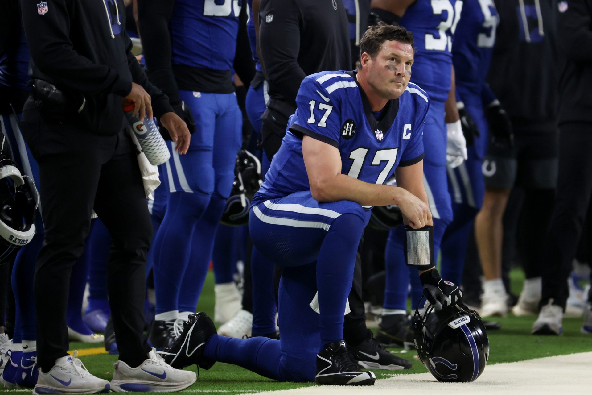 Indianapolis Colts quarterback Philip Rivers (17) looks on in the second quarter of the game against the San Francisco 49ers at Lucas Oil Stadium.