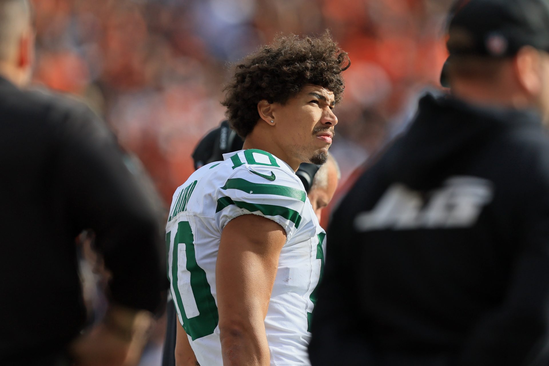 New York Jets wide receiver Allen Lazard (10) looks on during the fourth quarter at Paycor Stadium.