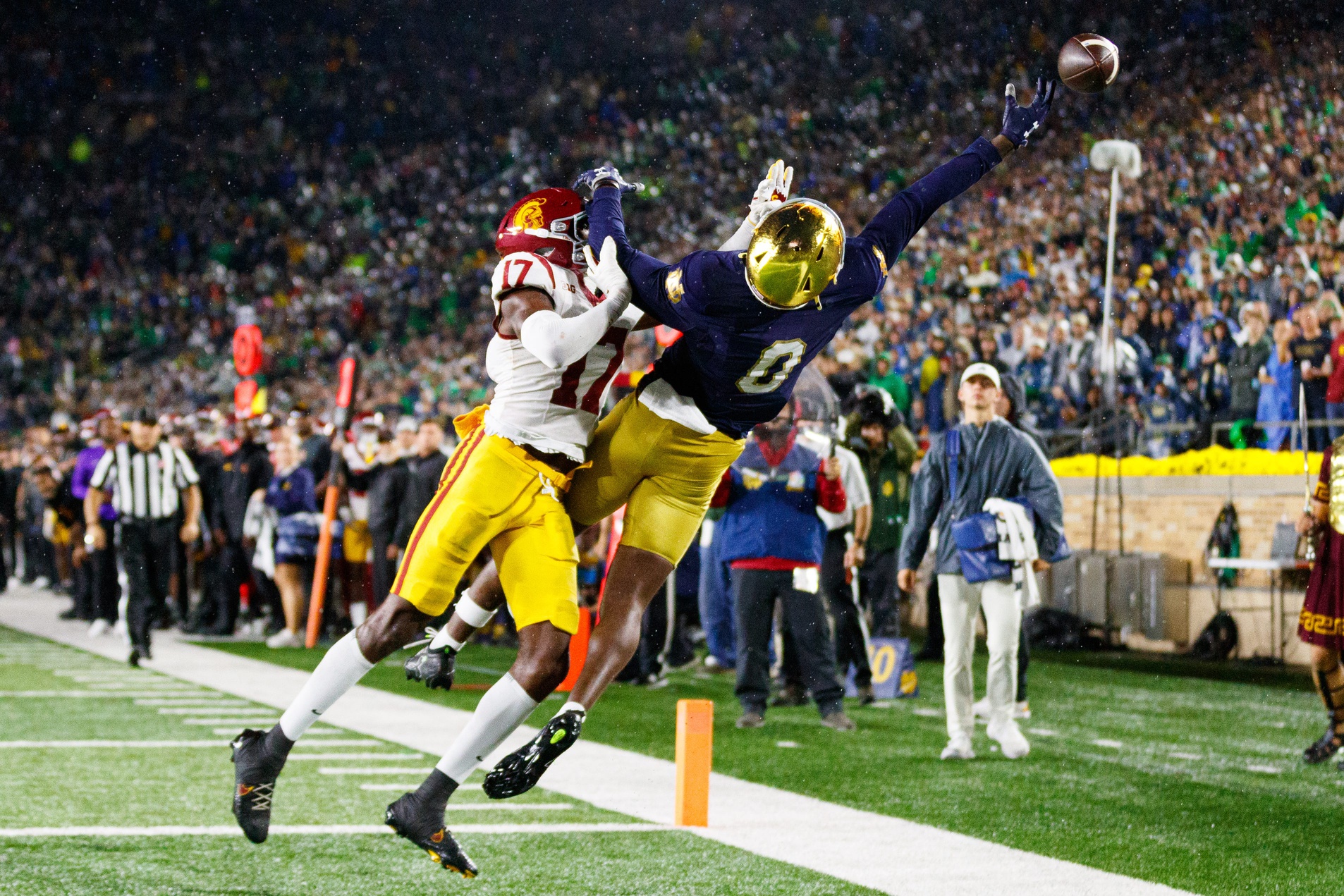 A pass flies over Notre Dame wide receiver Malachi Fields (0) in the second half of a NCAA football game against Southern California at Notre Dame Stadium on Saturday, Oct. 18, 2025, in South Bend.
