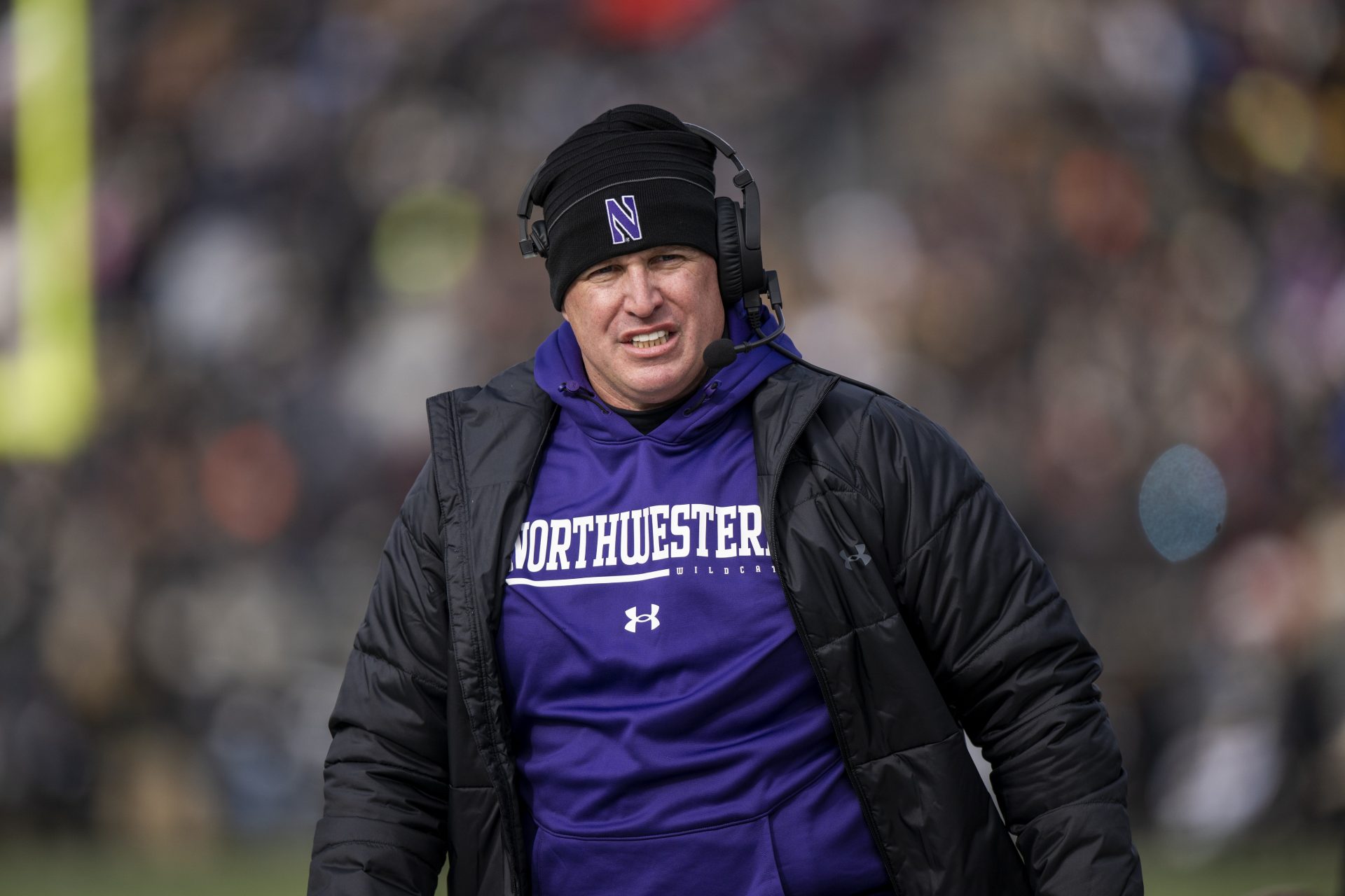 Northwestern Wildcats head coach Pat Fitzgerald walks the sidelines during the second quarter against the Purdue Boilermakers at Ross-Ade Stadium.