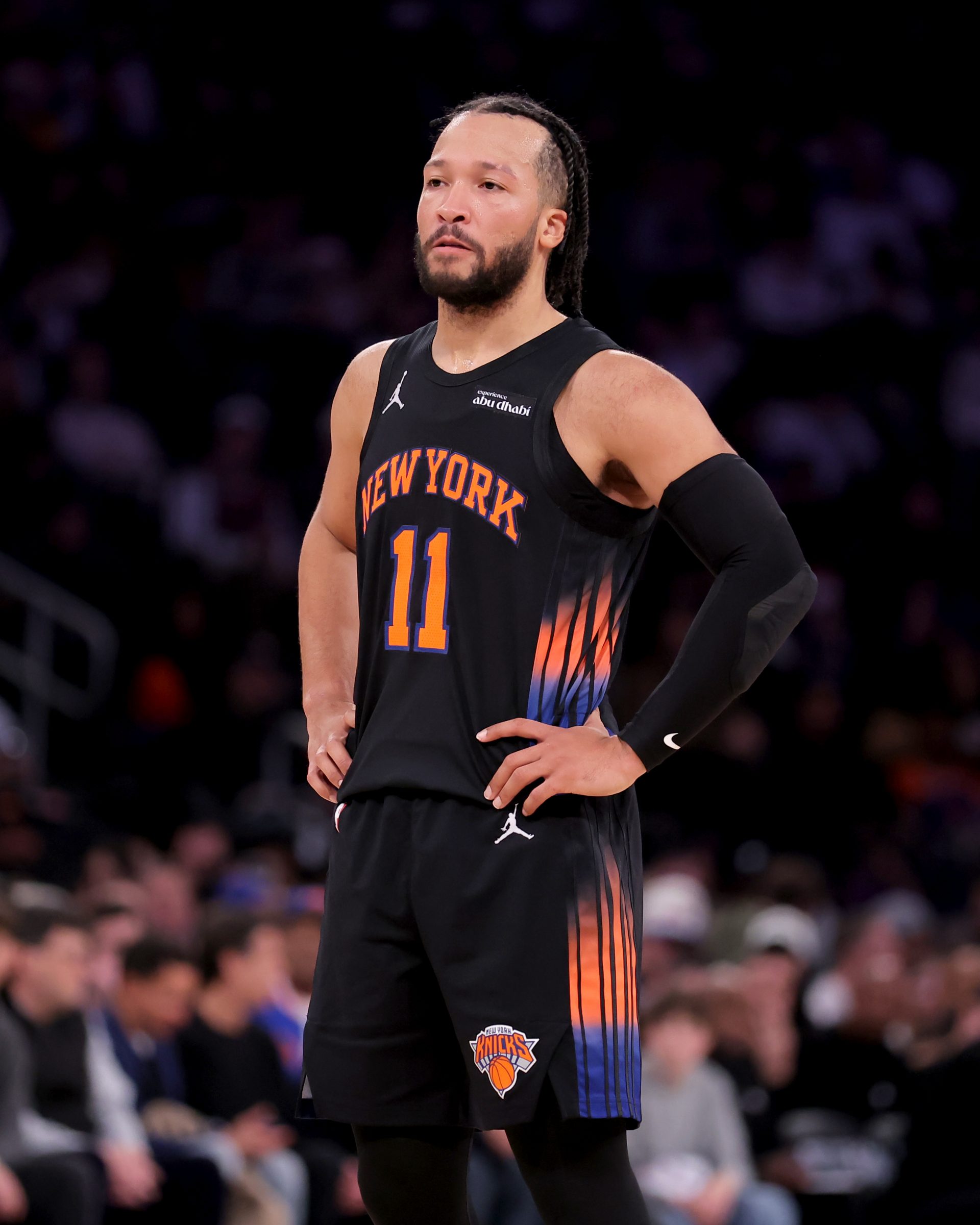 New York Knicks guard Jalen Brunson (11) reacts during the second quarter against the Philadelphia 76ers at Madison Square Garden.