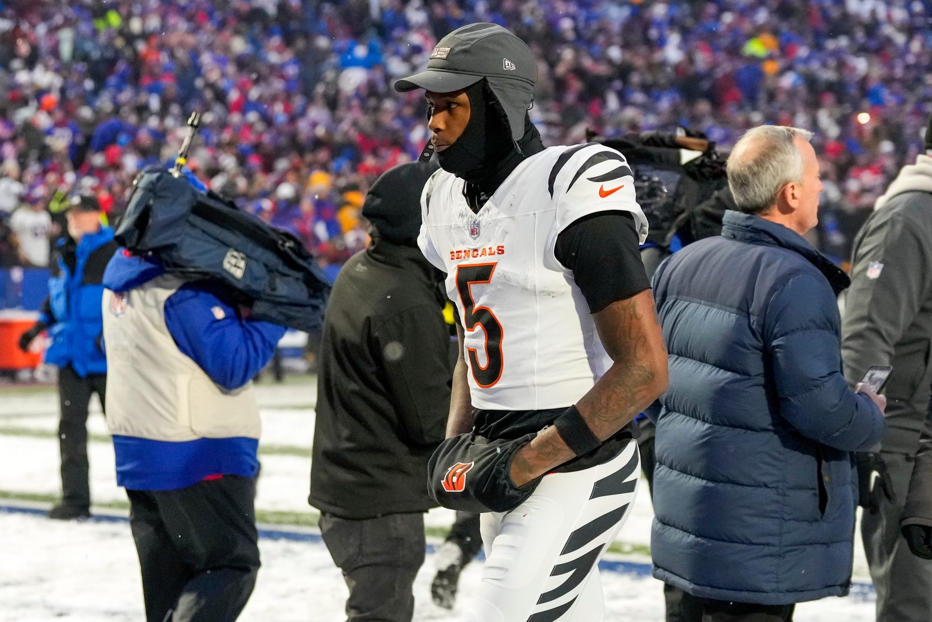 Cincinnati Bengals wide receiver Tee Higgins (5) walks for the locker room after the fourth quarter of the NFL Week 14 game between the Buffalo Bills and the Cincinnati Bengals at Highmark Stadium in Orchard Park, N.Y., on Sunday, Dec. 7, 2025. The Bills overcame a halftime deficit to win 39-34.