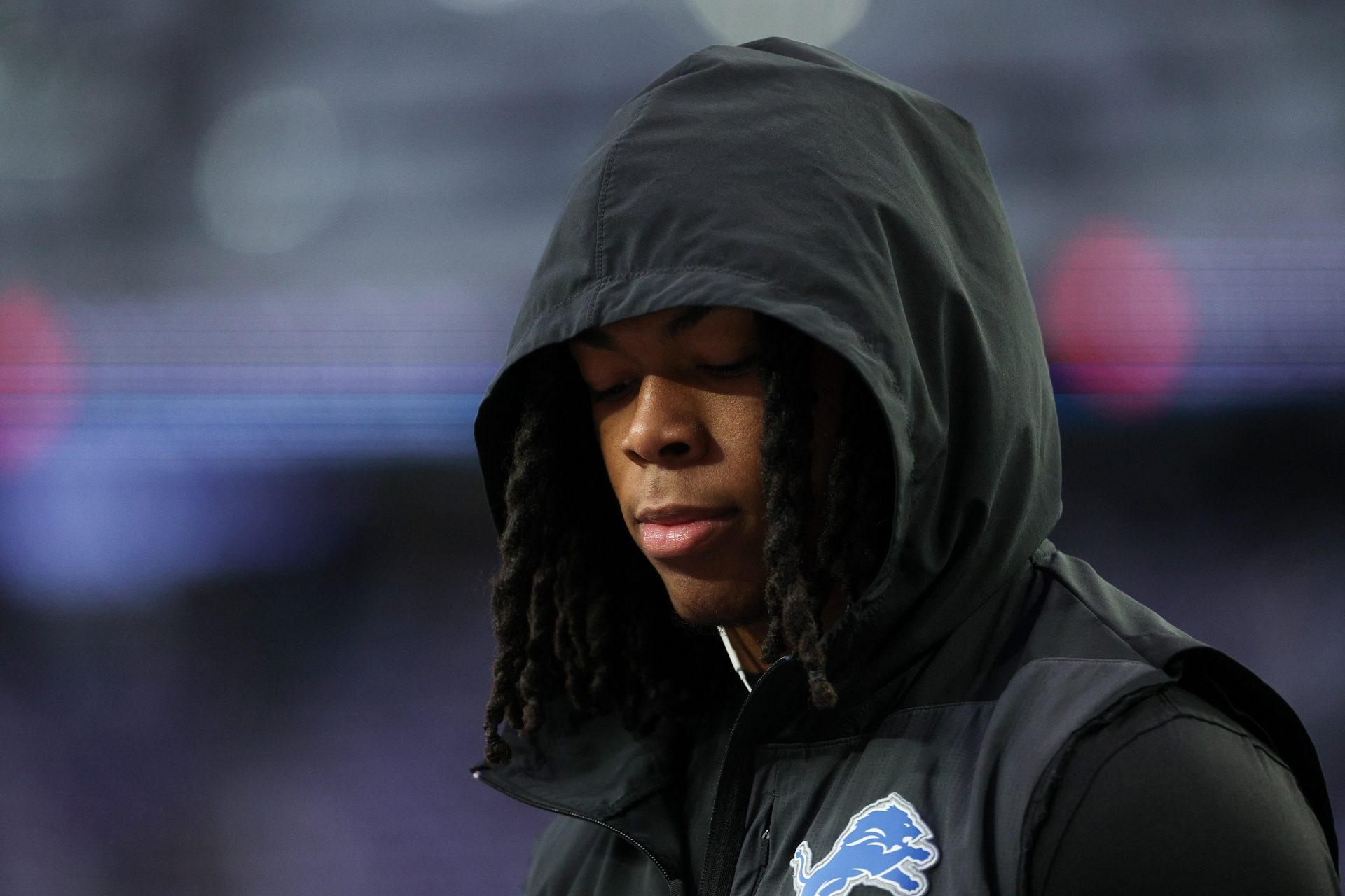 Detroit Lions running back Jahmyr Gibbs (0) looks on during warmups before the game against the Minnesota Vikings at U.S. Bank Stadium.