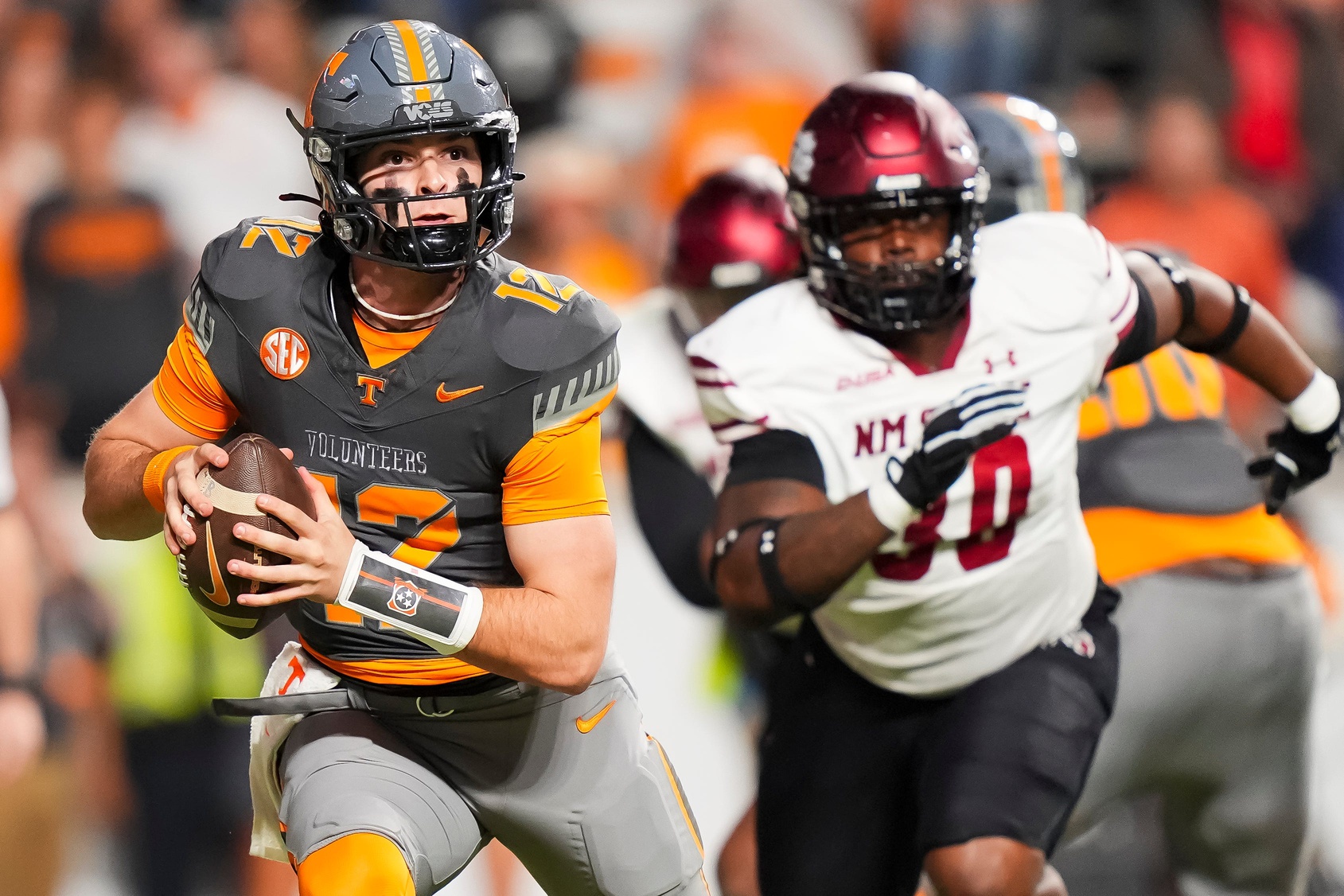 Tennessee quarterback Jake Merklinger (12) during Tennessee's game against New Mexico State in Neyland Stadium in Knoxville, Tenn., on Nov. 15, 2025.