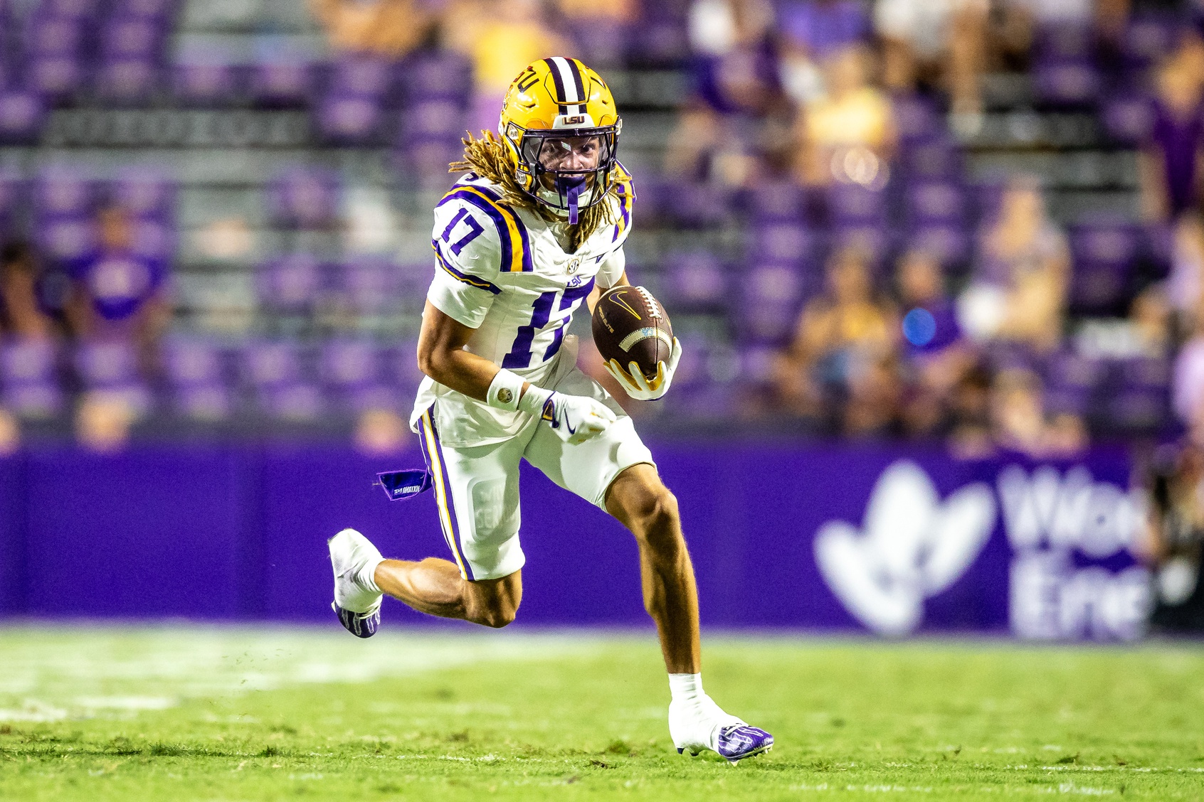 LSU Tigers wide receiver Jelani Watkins (17) runs against the Southeastern Louisiana Lions during the second half at Tiger Stadium.