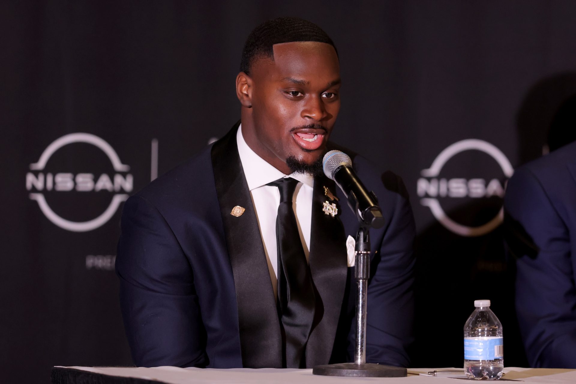 Notre Dame Fighting Irish running back Jeremiyah Love speaks to the media during a press conference at the New York Marriott Marquis before the presentation of the Heisman trophy.