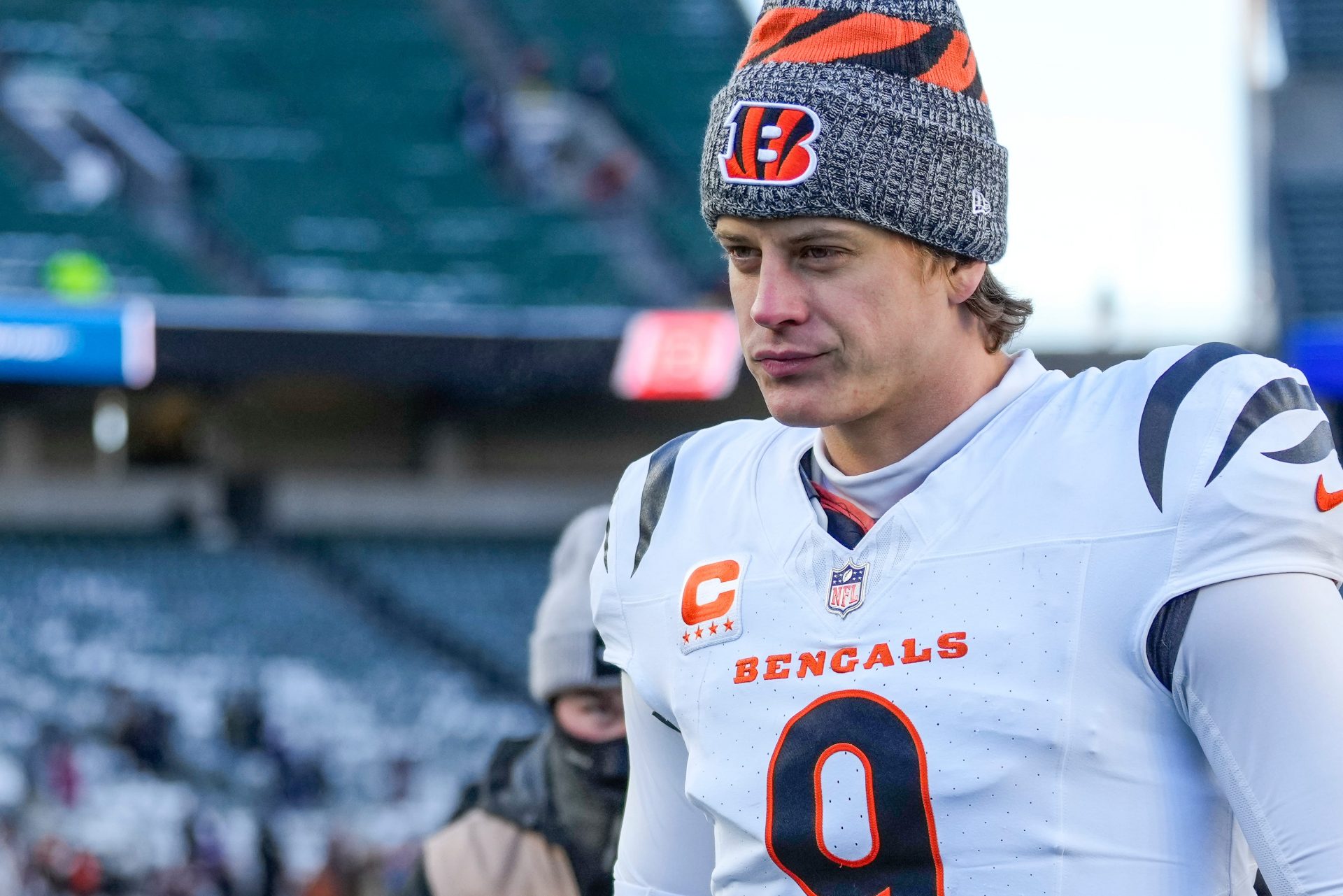 Cincinnati Bengals quarterback Joe Burrow (9) walks for the locker room after the fourth quarter of the NFL Week 15 game between the Cincinnati Bengals and the Baltimore Ravens at Paycor Stadium in Cincinnati on Sunday, Dec. 14, 2025. The Bengals were shut out, 24-0.