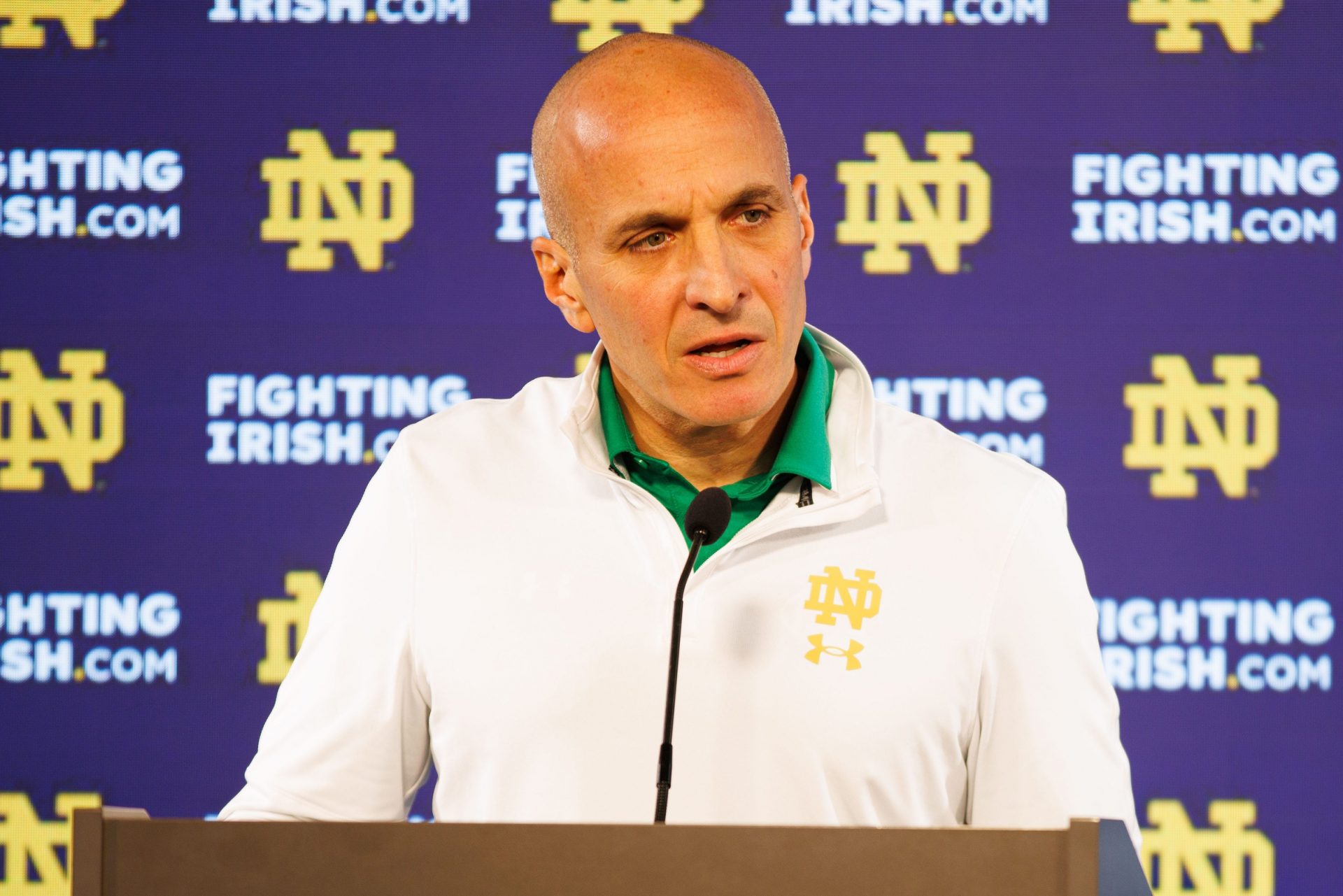 Notre Dame athletics director Pete Bevacqua speaks with media at Notre Dame Stadium on Monday, Dec. 17, 2024, in South Bend, Ind.