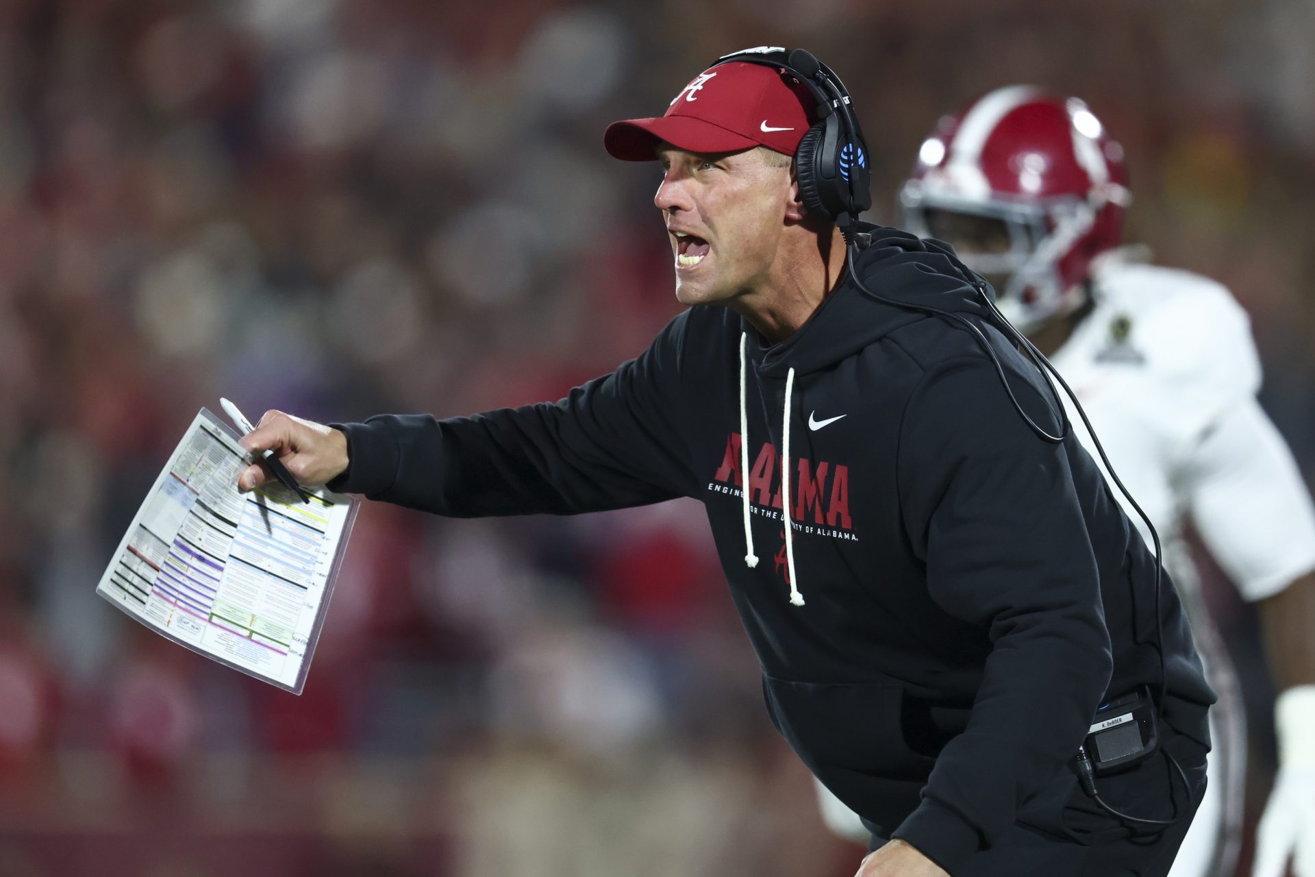 Alabama Crimson Tide head coach Kalen Deboer reacts in the first half against the Oklahoma Sooners at Gaylord Family OK Memorial Stadium.