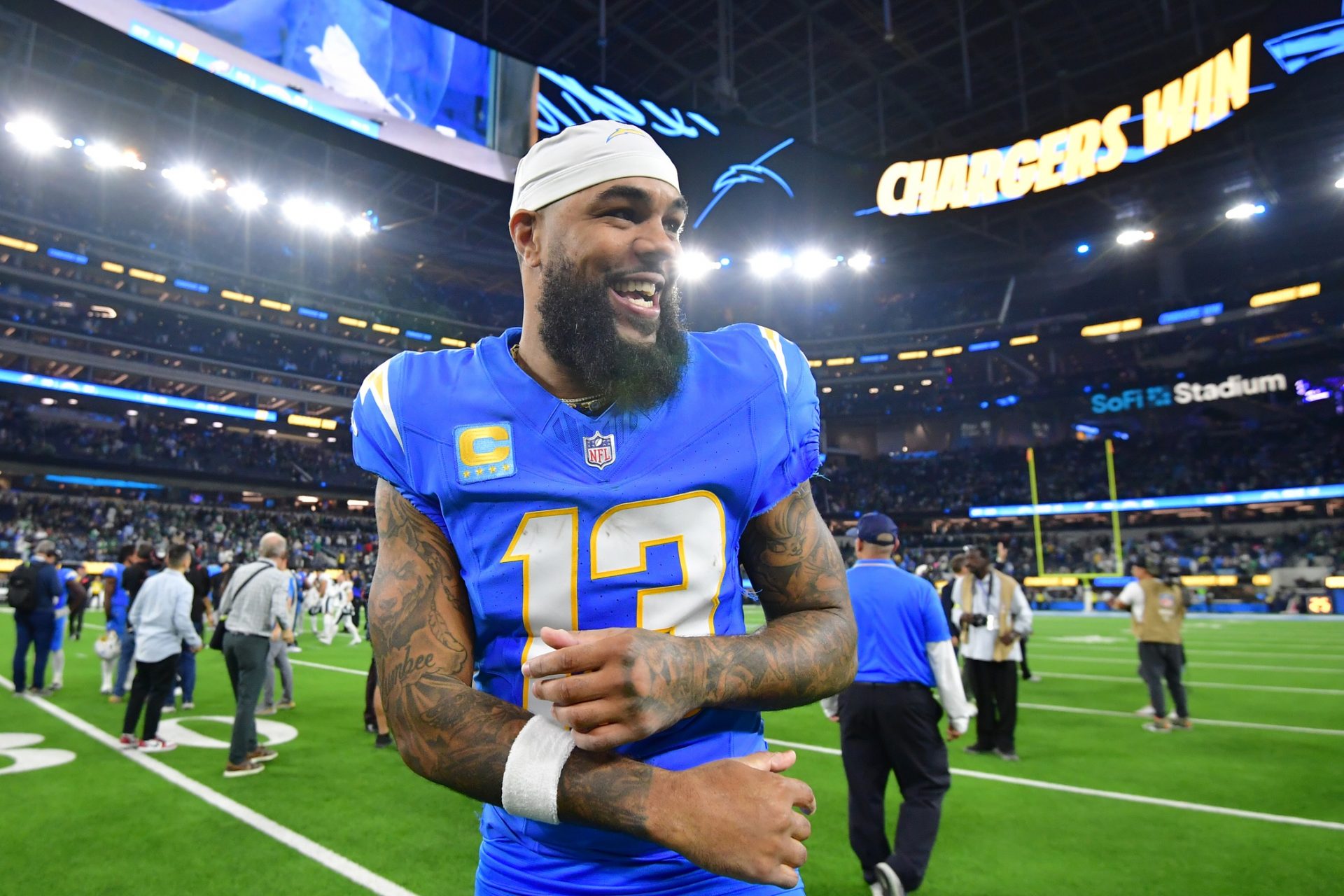 Los Angeles Chargers wide receiver Keenan Allen (13) celebrates after defeating the Philadelphia Eagles at SoFi Stadium.