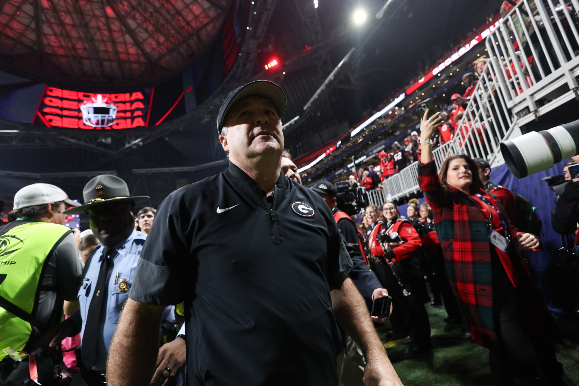Georgia Bulldogs head coach Kirby Smart looks on after the game against the Alabama Crimson Tide during the 2025 SEC Championship game at Mercedes-Benz Stadium.
