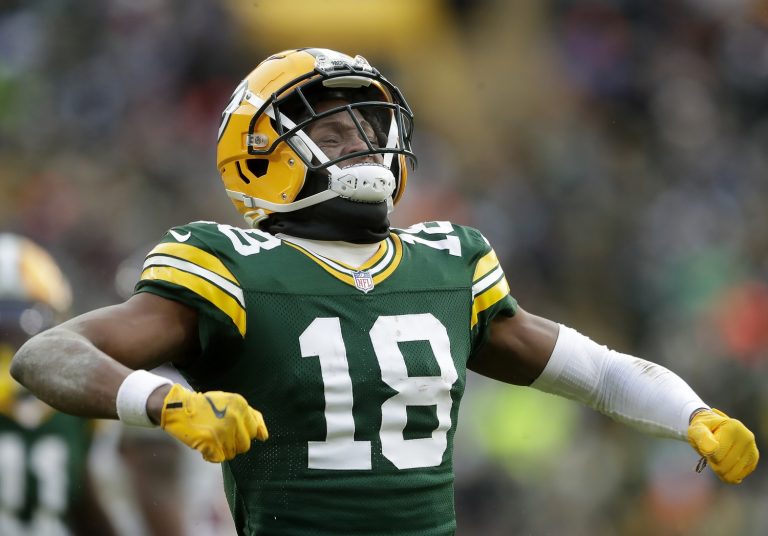 Green Bay Packers wide receiver Malik Heath (18) reacts against the Chicago Bears on Sunday, January 5, 2025 at Lambeau Field.