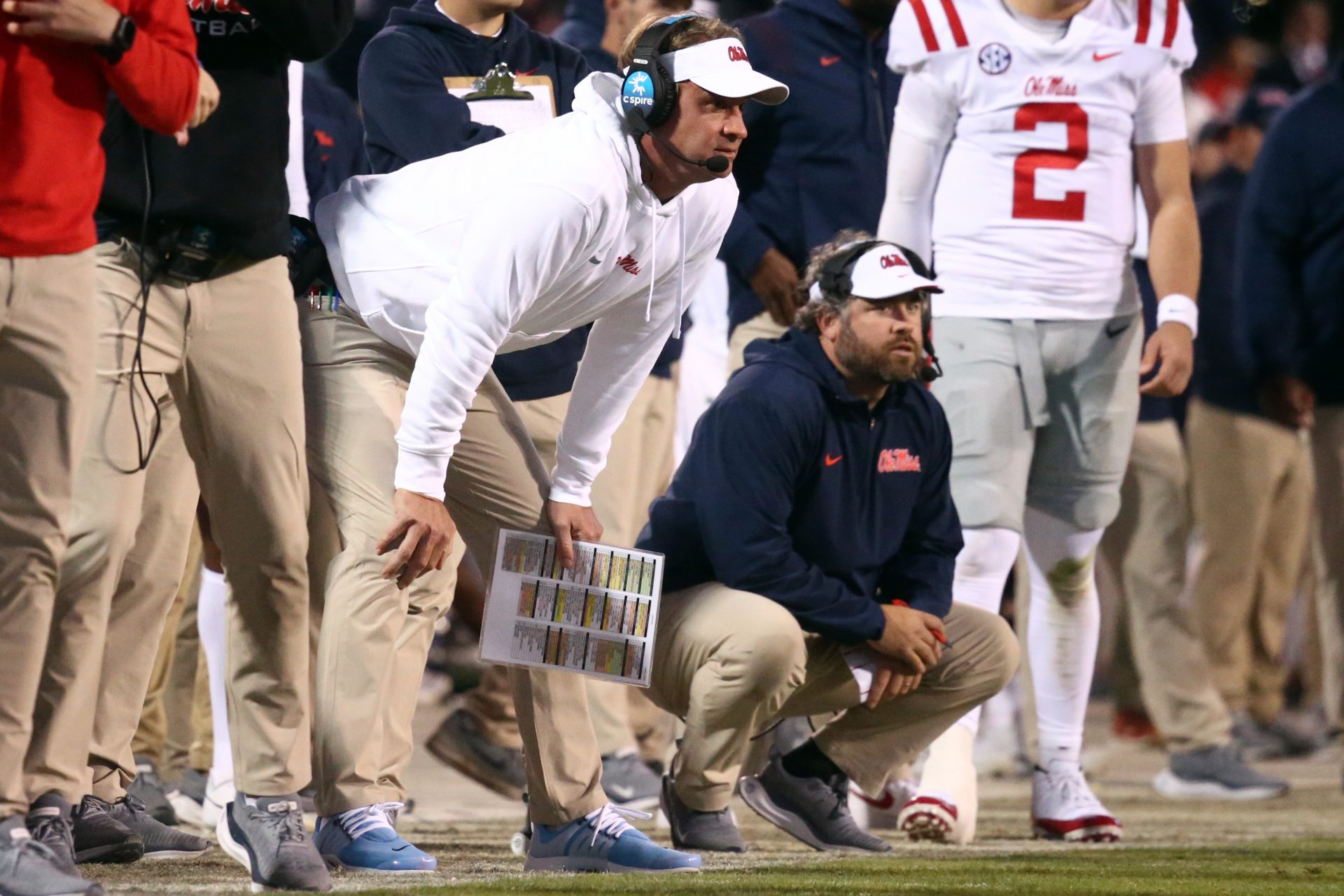 Mississippi Rebels head coach Lane Kiffin (left) and Mississippi Rebels defensive coordinator Pete Golding (right) watch during the second half against the Mississippi State Bulldogs at Davis Wade Stadium at Scott Field.