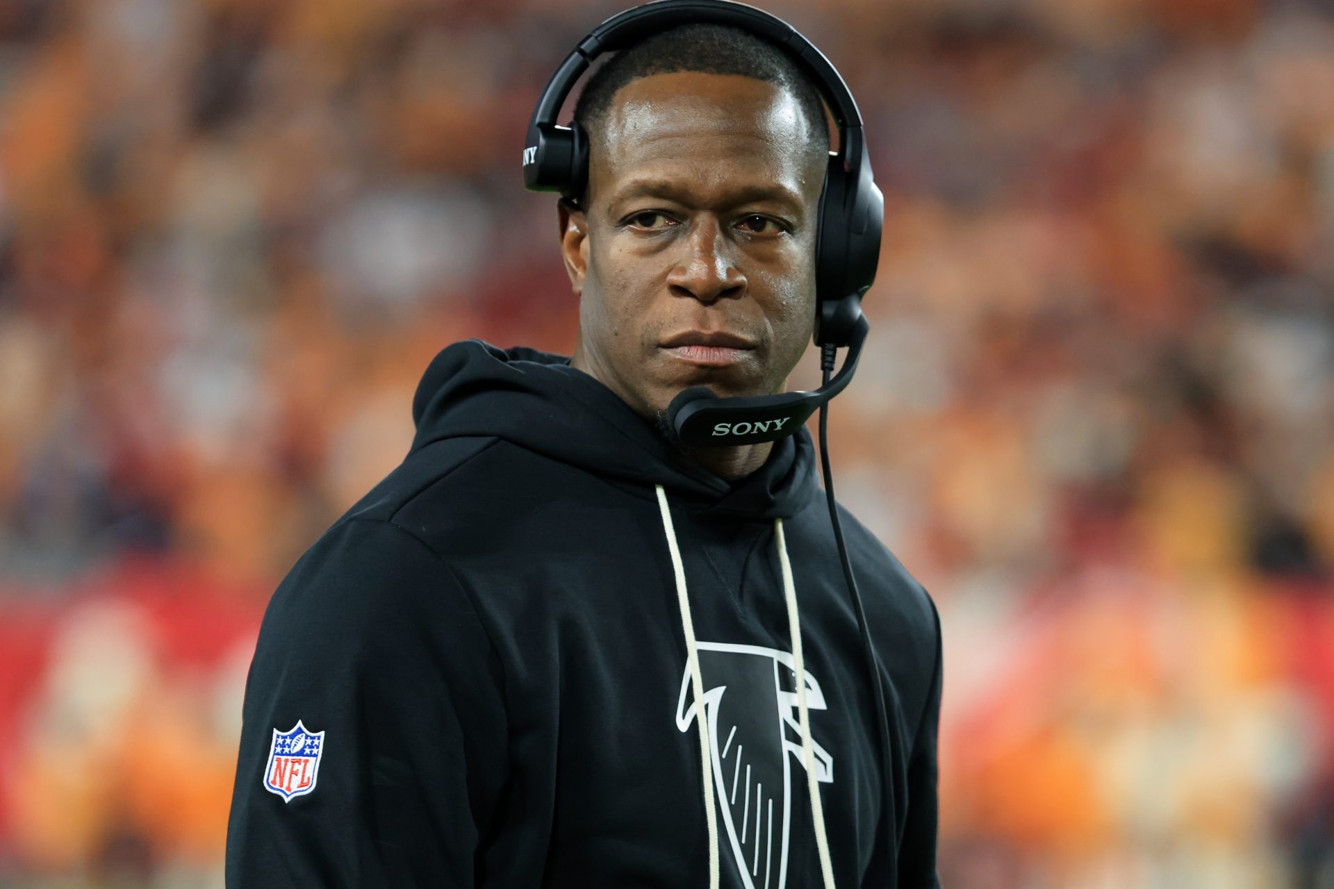 Atlanta Falcons head coach Raheem Morris looks on against the Tampa Bay Buccaneers during the third quarter at Raymond James Stadium.