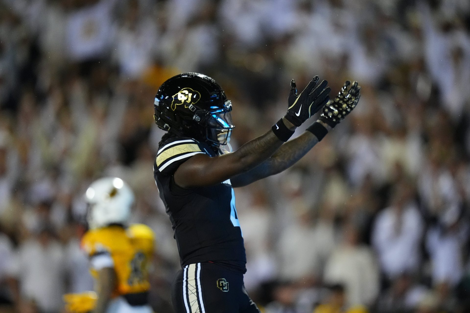 Colorado Buffaloes wide receiver Omarion Miller (4) celebrates a touchdown reception in second quarter against the Wyoming Cowboys at Folsom Field.