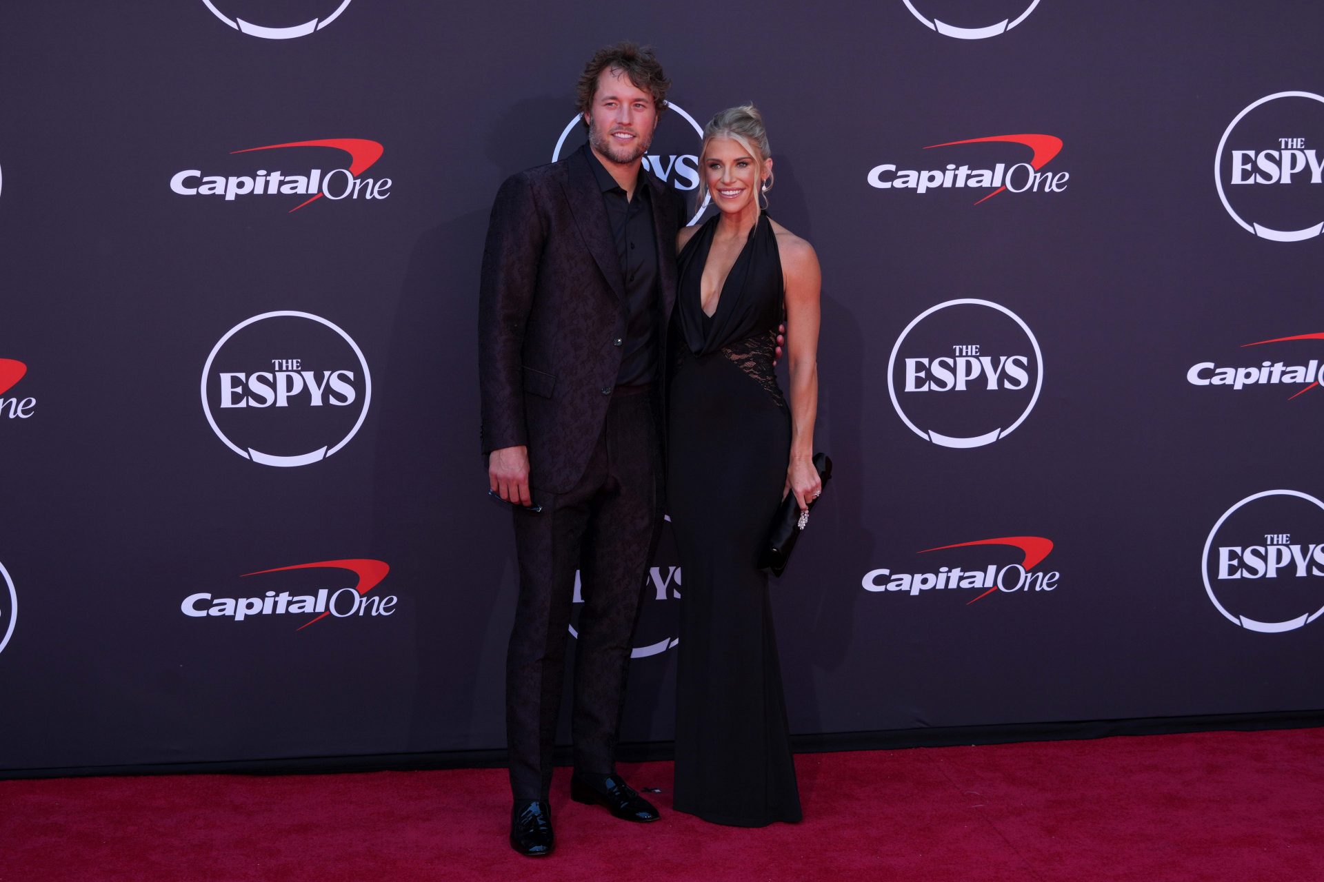Los Angeles Rams quarterback Matthew Stafford (left) and wife Kelly Stafford pose on the ESPYs red carpet at the Dolby Theatre.