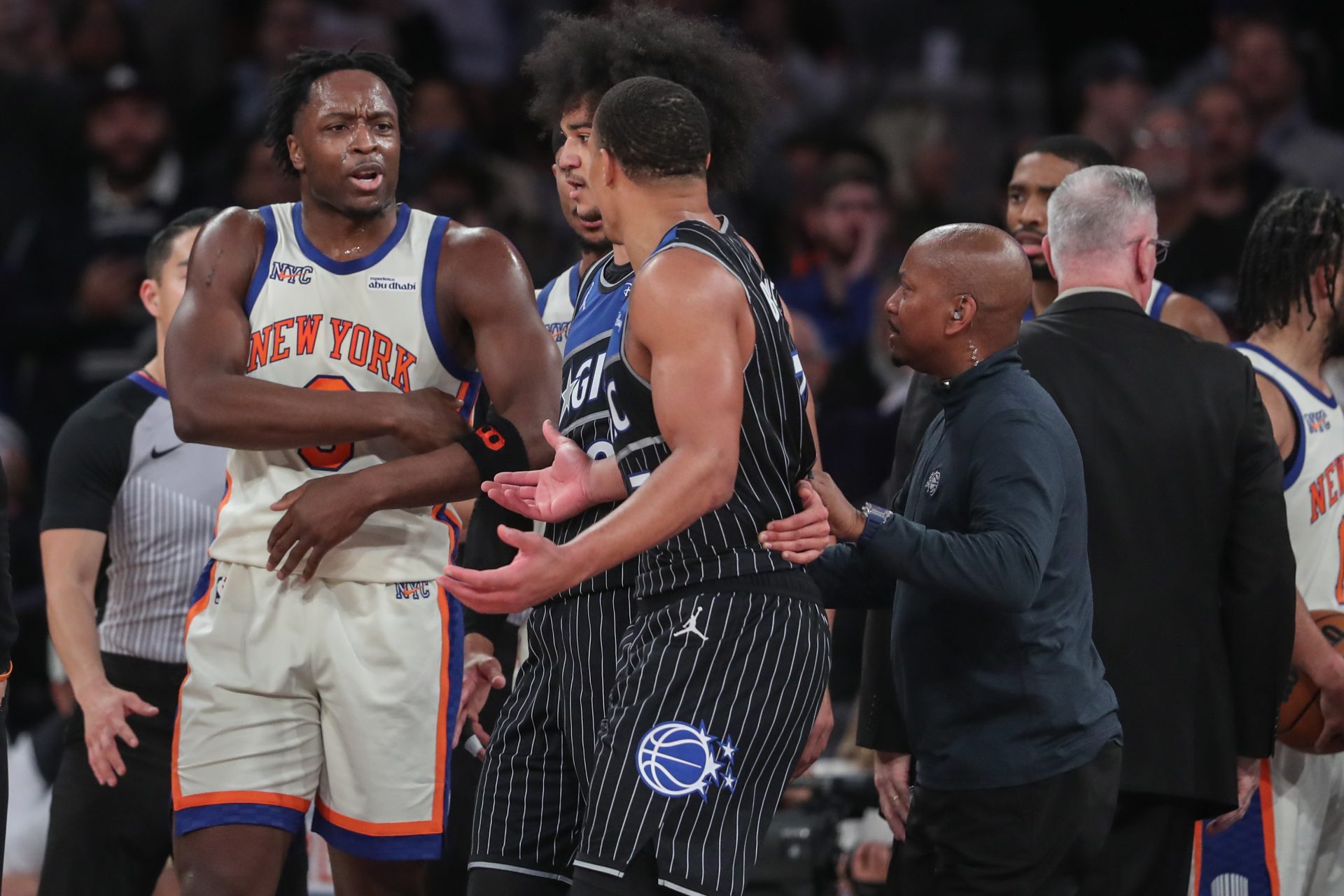 New York Knicks forward Og Anunoby (8) argues with Orlando Magic guard Desmond Bane (3) in the fourth quarter at Madison Square Garden.