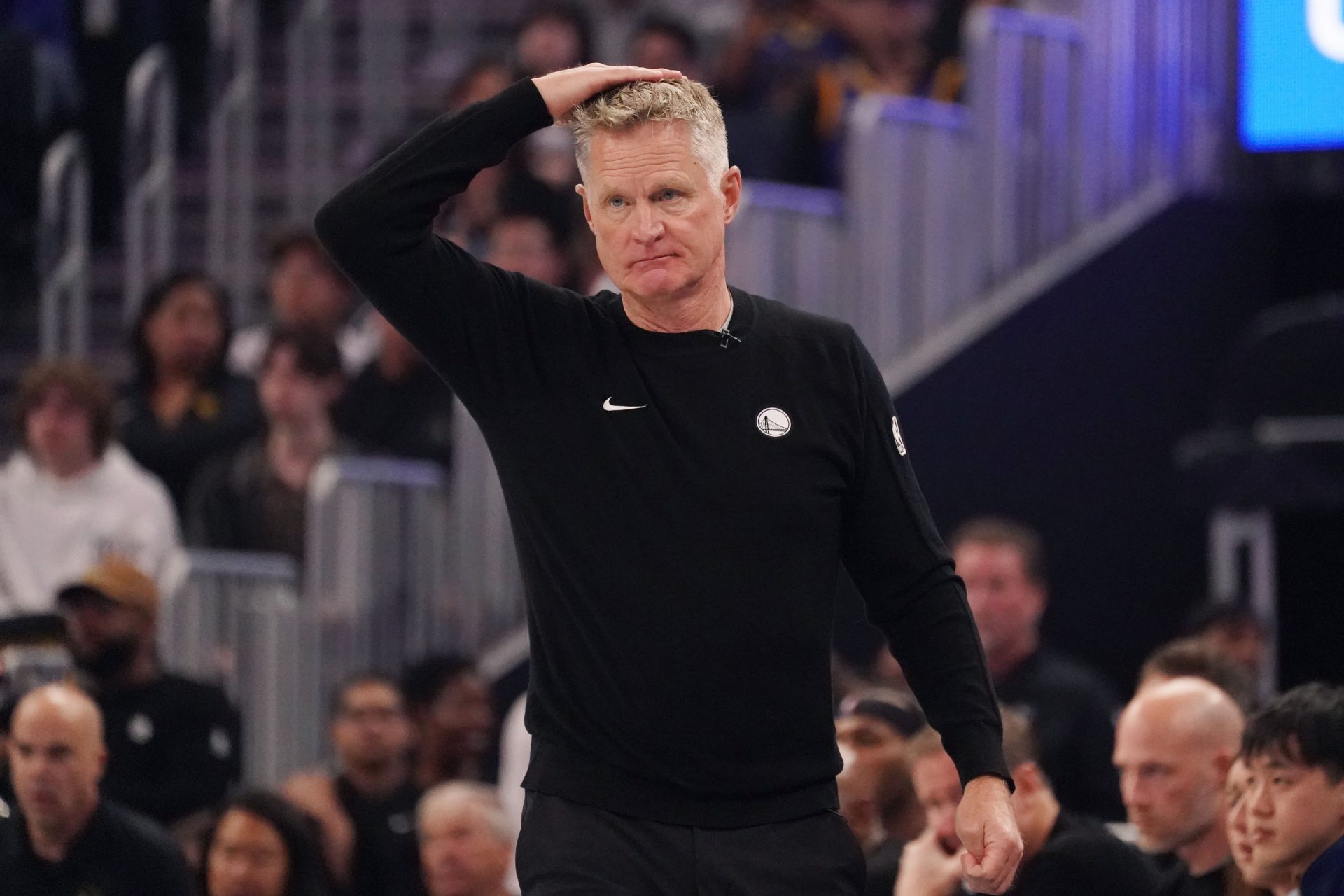 Golden State Warriors head coach Steve Kerr signals to his players in the first quarter against the Houston Rockets at Chase Center.