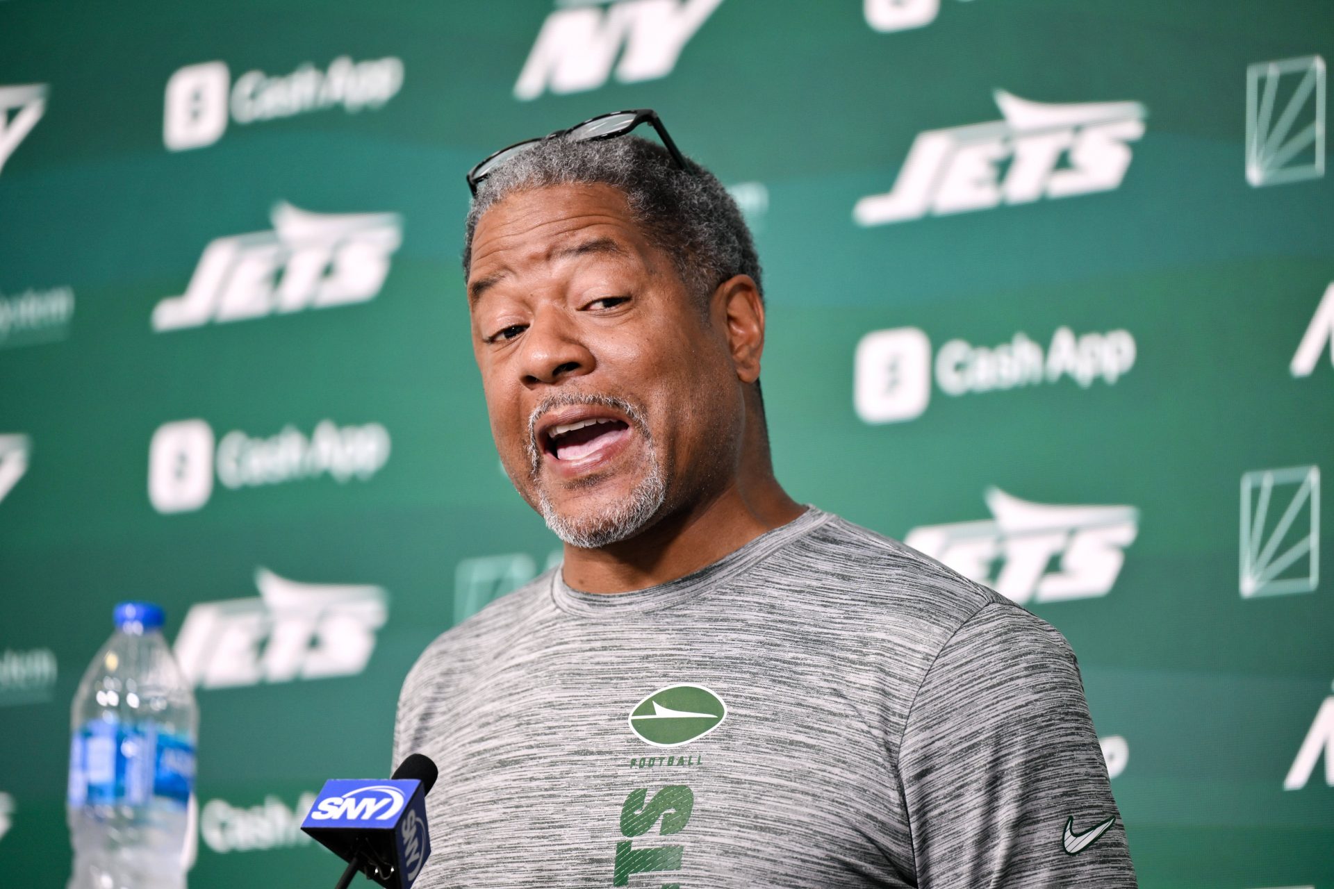 New York Jets defensive coordinator Steve Wilks speaks at a press conference during minicamp at Atlantic Health Jets Training Center.