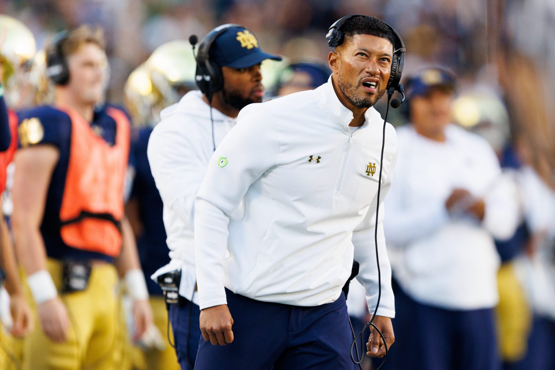 Notre Dame head coach Marcus Freeman looks on in the second half of a NCAA football game against NC State at Notre Dame Stadium on Saturday, Oct. 11, 2025, in South Bend.