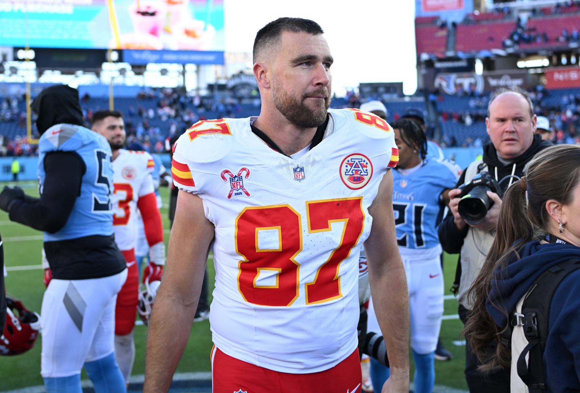 Kansas City Chiefs tight end Travis Kelce (87) after a game against the Tennessee Titans at Nissan Stadium.